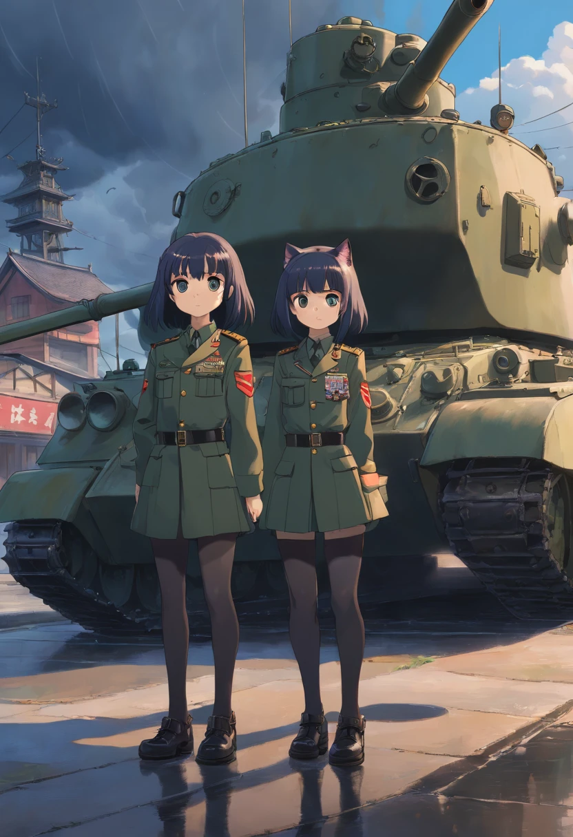 Three goth loli cats in military uniform standing next to a tank, The era of the 70s, Center Street, Dramatic weather