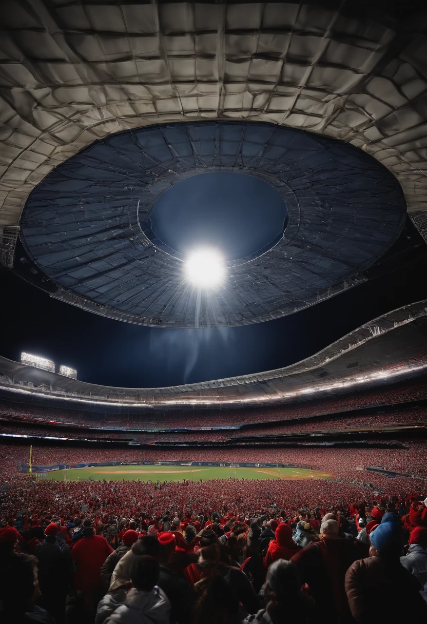 yankee stadium, night, dusk, amazing sky, stands full of fans wearing red, a skydiver parachuting into the stadium