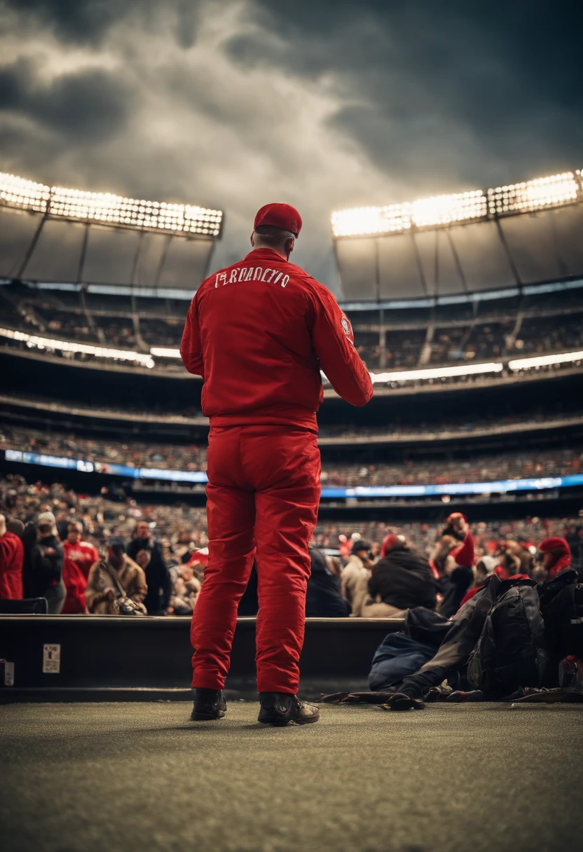 yankee stadium, night, dusk, amazing sky, stands full of fans wearing red, a skydiver parachuting into the stadium