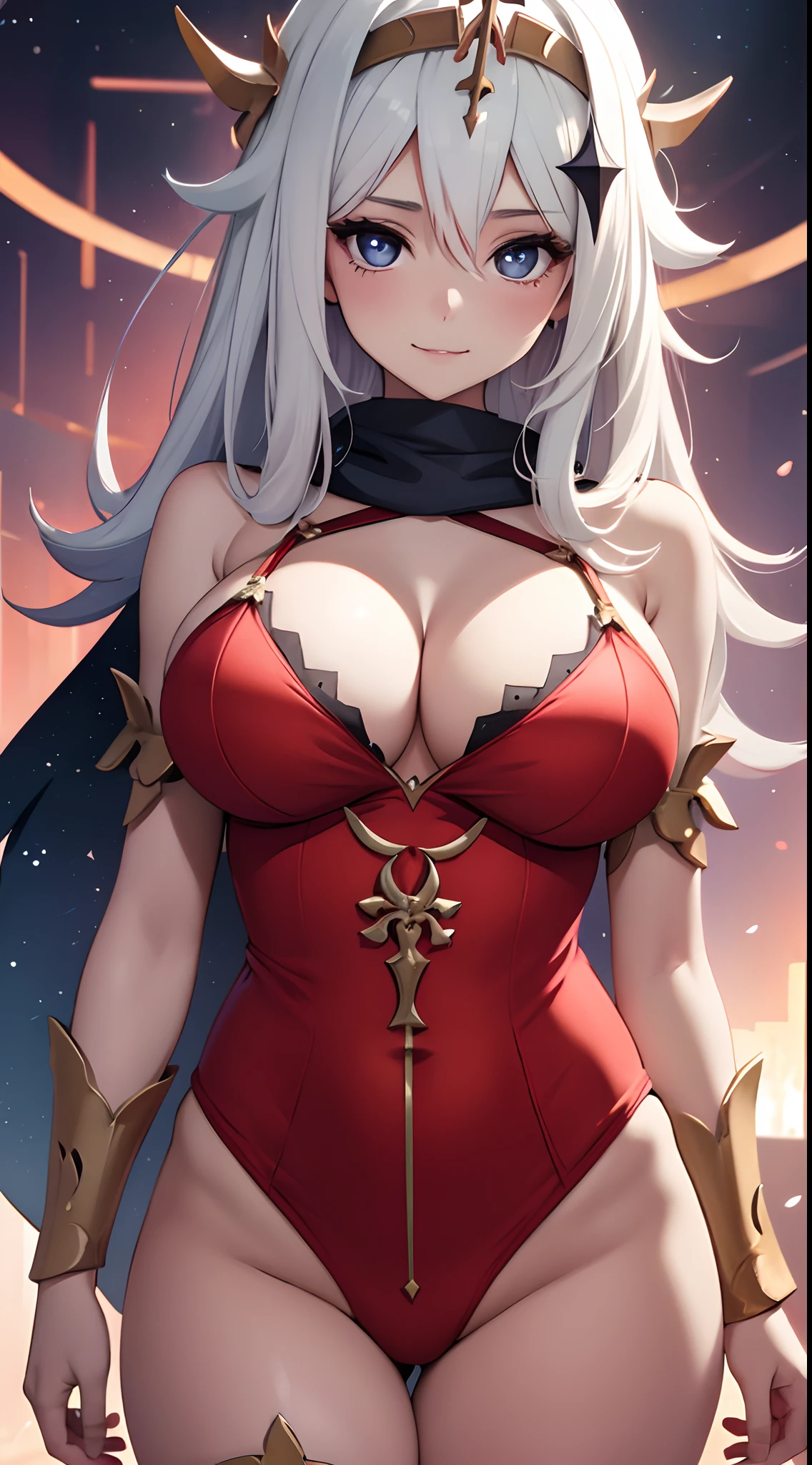 one-girl，the original god，Paimon，Large breasts，cleavage，Be red in the face，Close-up shot，sportrait，looks into camera，ssmile，