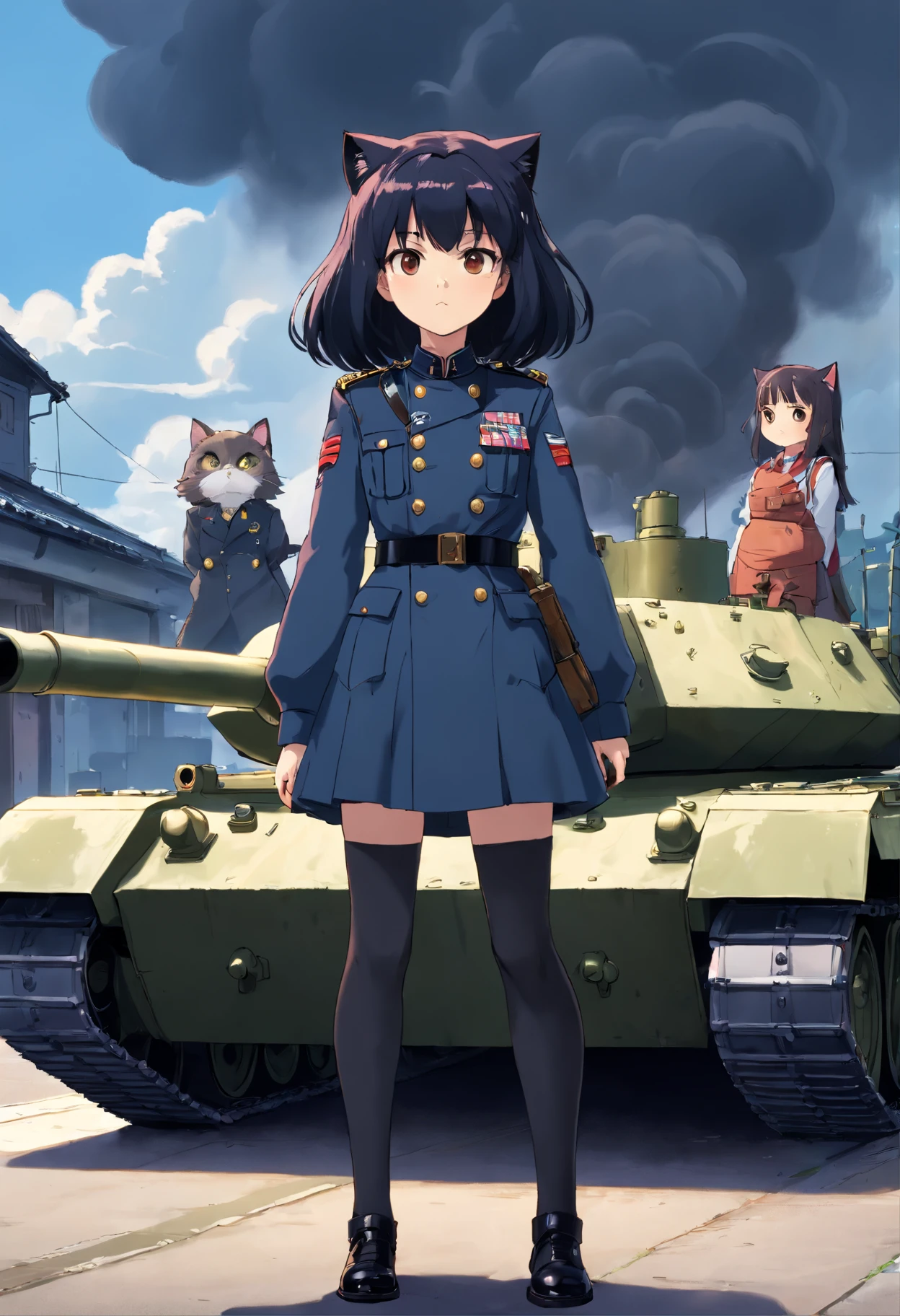 Three goth loli cats in military uniform standing next to a tank, The era of the 70s, Center Street, Dramatic weather