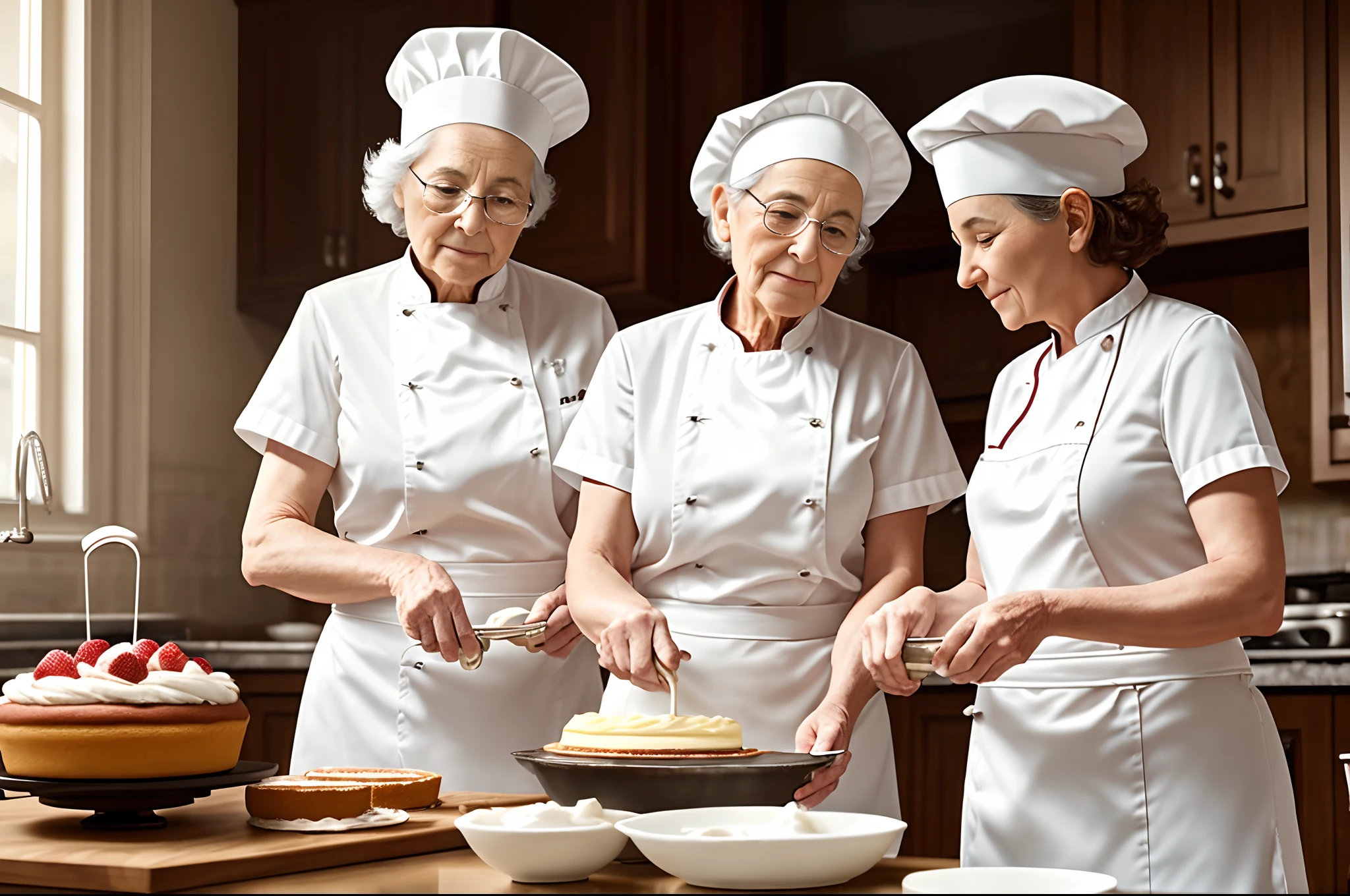 A elderly woman and a young woman cooking cakes, both have chef style white uniforms. The old woman is stiring mix in a bowl. The young is decorating a cake with cream. Equipment of a bakery behind them. Cinematic illumination.
