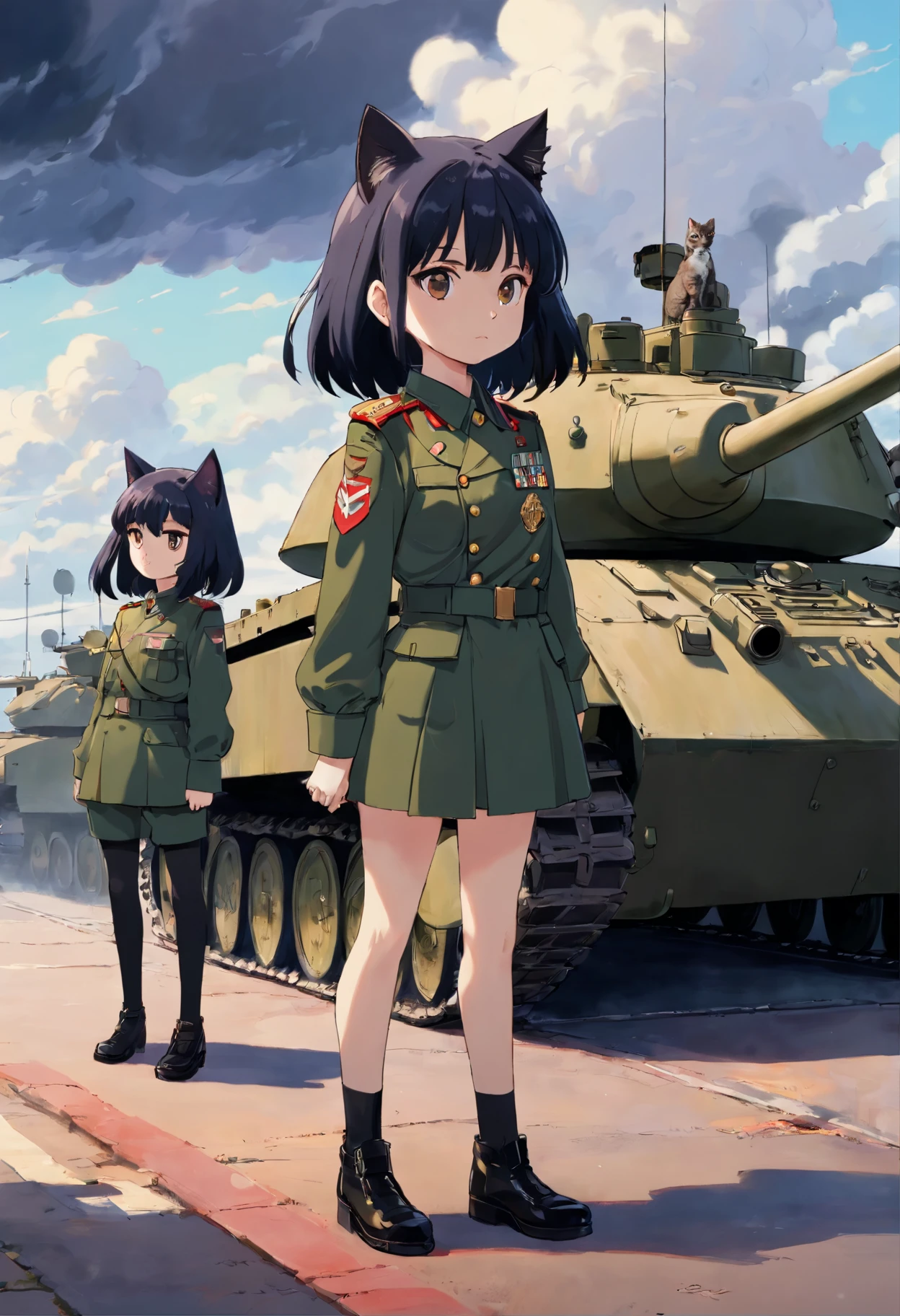 Three goth loli cats in military uniform standing next to a tank, The era of the 70s, Center Street, Dramatic weather