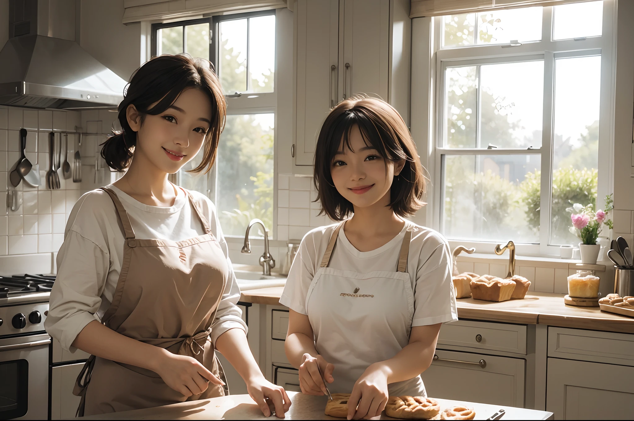A smiling young girl and her mom, making pastries, home kitchen with big window, natural light, highly detailed.