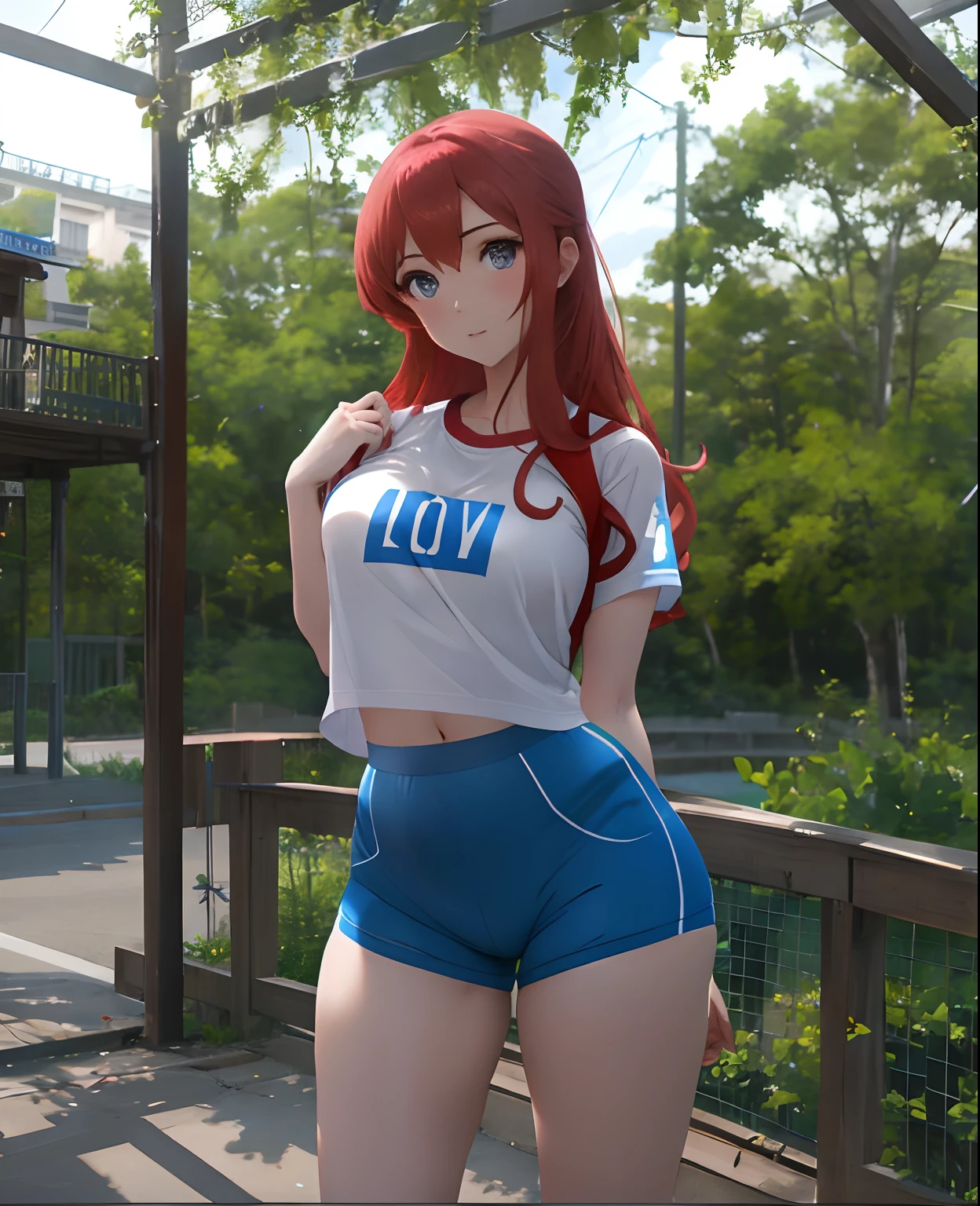 there is a woman in a blue shorts posing for a picture, amouranth, better known as amouranth, thicc, tight attire, anna nikonova aka newmilky, redhead girl, tight outfit, short redhead, blue tight tshirt, wearing tight simple clothes, angelawhite, tight fit, tight shirt, low view, dasha taran, sexy girl