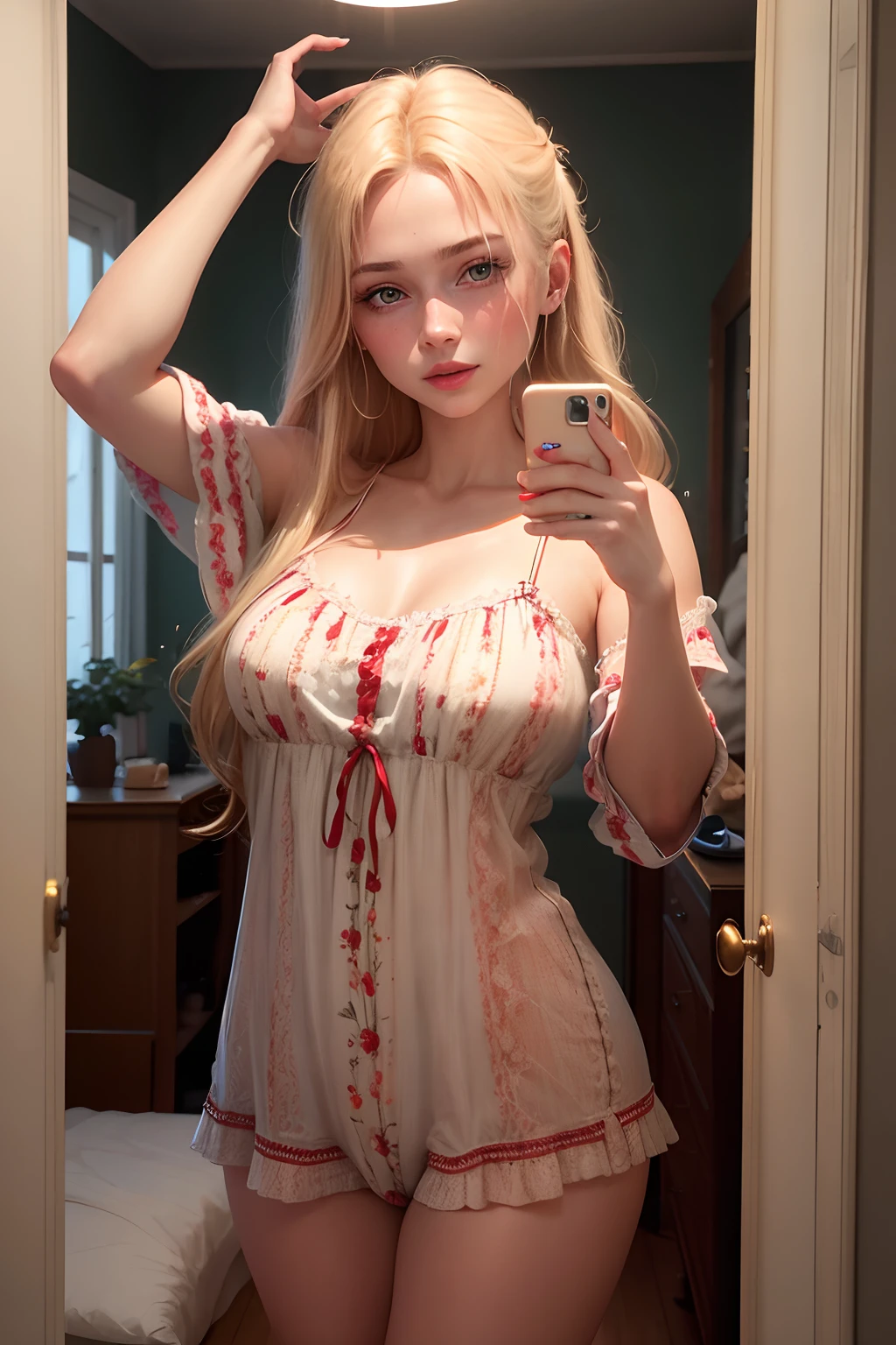 Une jeune femme d'origine russe de 20 ans qui se prend en selfie dans sa chambre, beautiful visible breastsn blonde hair that falls gently in waves up to the shoulders, taille moyenne, Grands yeux verts, poitrine moyenne, peau claire, She wears colorful pajamas, Elle est assis sur son lit, Environnement lumineux, Warm and pleasant colors that make her hair shine, visage naturellement serein, Pretty lips with red lipstick, Texture 8K, highly detailed, Realstic, soft cinematic light, Hdr, mise au point nette, hyper-realistic, Realistic Photography