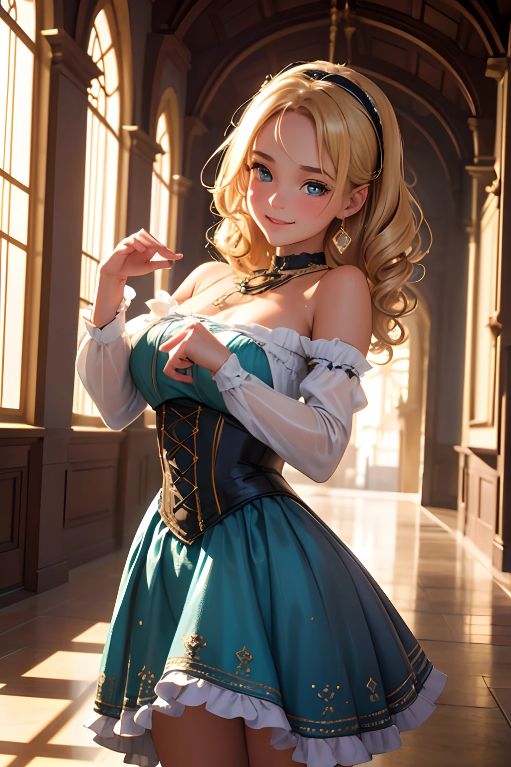 Highly detailed RAW color photo,  Virginia Otis in a victorian sexy dress, sexy dynamic pose, pixar style, in the style of bright 3D objects, She has a cartoon smile, tanned skin and rosy cheeks, a social contest winning photograph,  - blonde hair, dorne, very very curly blonde hair, corridors of a castle vibes, iridescence/opalescence, glitter, highly detailed photorealistic, 16k --expressive style - -niji 5 (MATRIX ) incredible, realistic shadows, (highly detailed background plan: 1.2), artistic photo of the best day