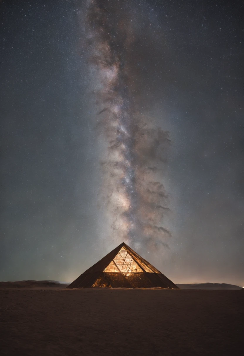 a crystal diamond shaped structure on the wood, 600 feet tall and 400 feet wide, the milky way seen in the backgriund