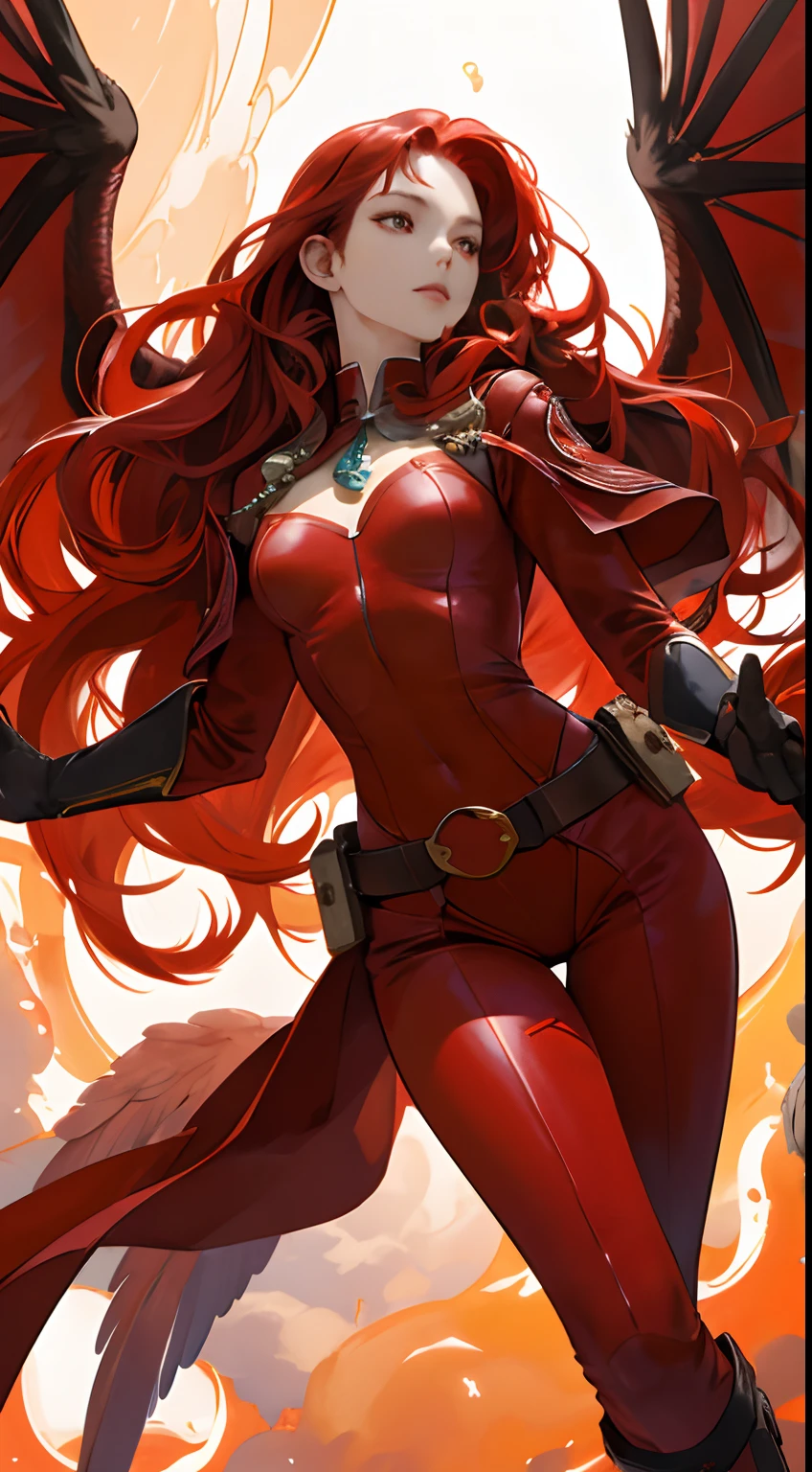 Beautuful Women,a cool,20th generation female,long red wavy hair,Red leather,body suit,gloves,heel,Mystical decoration,a belt,breastsout,Chest,realistic illustration,loimu,Big Flaming Wings,loimu,wingspan,angelicales,Cover the sky,multiple wings,Fantastic decoration,Expressed throughout the body,look up sky,Reach for the sky,It's like flying in the sky,(Effect Effects),art by,Fantasia,Holding a red sword,Beautuful Women,