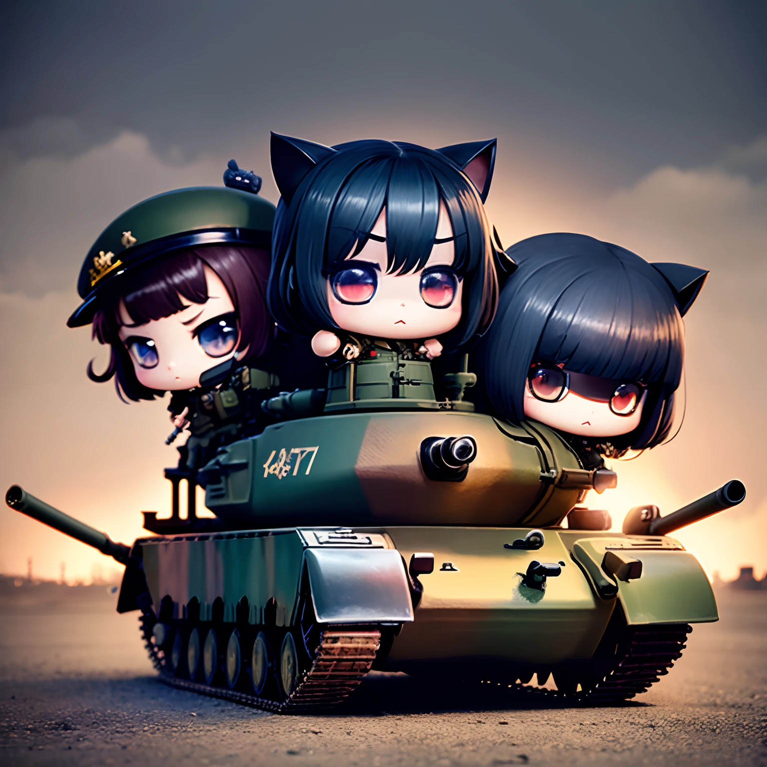 Three chibis in military uniform standing next to a tank、Two-headed goth loli cat, The era of the 70s, Center Street, Dramatic weather