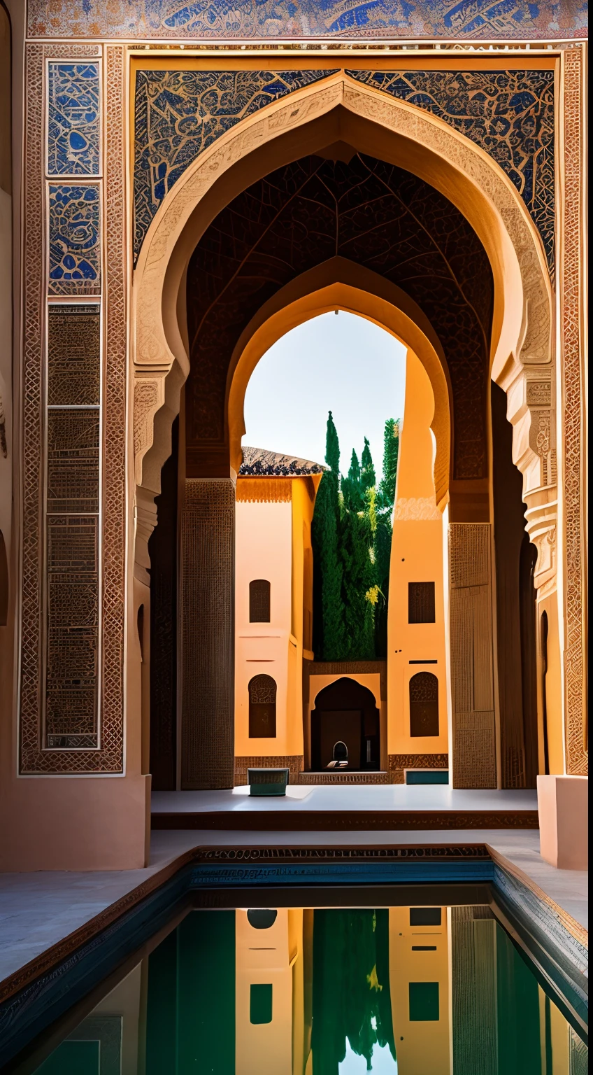 (best quality,4k,8k,highres,masterpiece:1.2),ultra-detailed,(realistic,photorealistic,photo-realistic:1.37),portraits,landscape,HD photography,HDR,professional,vivid colors,Islamic architecture,Andalusian garden motifs,colorful tiles,artistic interpretation,fusion of cultures,impressive symmetry,intricate geometric patterns,reflections in water,fine details in the mosaics,stunning sunsets over Alhambra Palace,golden hour,beautiful play of light and shadow,rich cultural heritage,ornate calligraphy,mosaic masterpieces,elaborate arches,peaceful courtyard,serene atmosphere,harmony between nature and architecture,blending of Islamic and Spanish styles,fascinating interplay of colors and textures,atmospheric perspective,ancient traditions,spiritual symbolism,timeless beauty,poetic compositions,immersive storytelling,captivating moments in history,multicultural exchange,Andalusian charm in every frame,dynamic composition,depth and dimension.