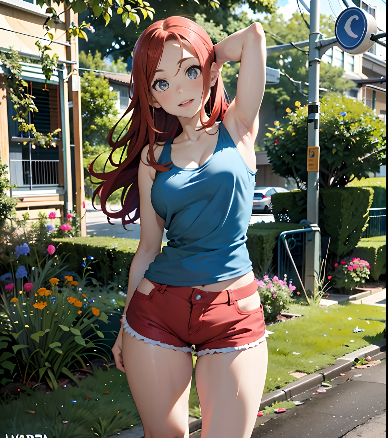arafed woman in a blue tank top and pink shorts posing for a picture, better known as amouranth, amouranth, redhead girl, short redhead, thicc, sexy girl wearing shorts, good hips and long legs, cute young redhead girl, skinny waist and thick hips, thick thigs, in shorts, wearing tight simple clothes