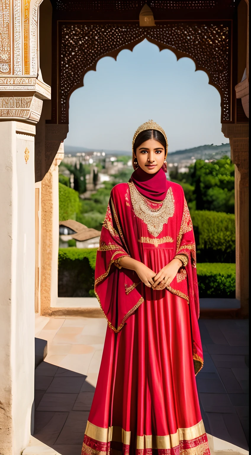 (best quality,4k,8k,highres,masterpiece:1.2),ultra-detailed,(realistic,photorealistic,photo-realistic:1.37),portraits,landscape
old monochrome photographs,cross-generational portraits,ancient Islamic architecture,detailed mosaic patterns,multi-cultural influences,medieval cities with narrow streets,majestic Alhambra Palace,expansive courtyards and gardens,traditional Islamic geometric designs,muslim princess-like girl,calm and serene expressions,sparkling eyes with a hint of mystery,natural beauty amidst historical context,elaborate traditional attire with intricate embroidery,warm golden sunlight casting shadows,gentle breeze rustling the leaves,peaceful and harmonious coexistence,rich and vibrant colors,red clay rooftops,azure blue skies,authentic and nostalgic atmosphere,stories embedded in every corner,heritage that spans centuries,legacy of Muslim civilization in Spain