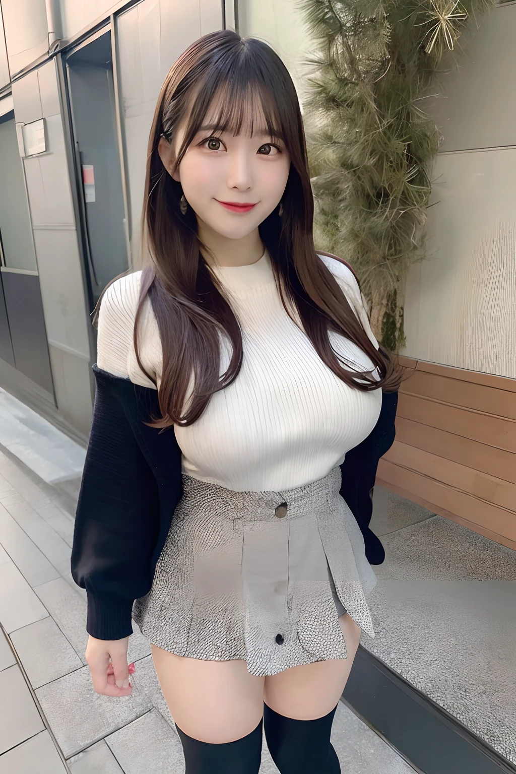 (foto RAW, mejor calidad), (realista, fotorrealista: 1.3)A full-body photograph of a Japanese girl with big tits in a miniskirt and long tights, un extremadamente delicado y hermoso, extremadamente detallado, finamente detallado, sonrisa ligera.