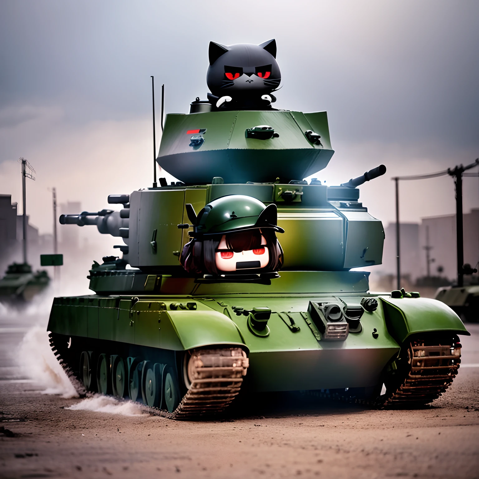 Three chibis in military uniform standing next to a tank、Two-headed goth  cat, The era of the 70s, Center Street, Dramatic weather