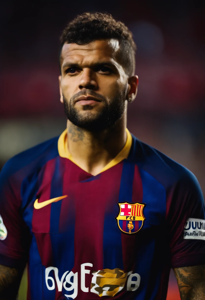 An average photo of Daniel Alves in a Barcelona shirt, looking-into-camera, Realistic details, foto tirada com uma Nikon D850, perfeitamente iluminado, uma profundidade de campo rasa