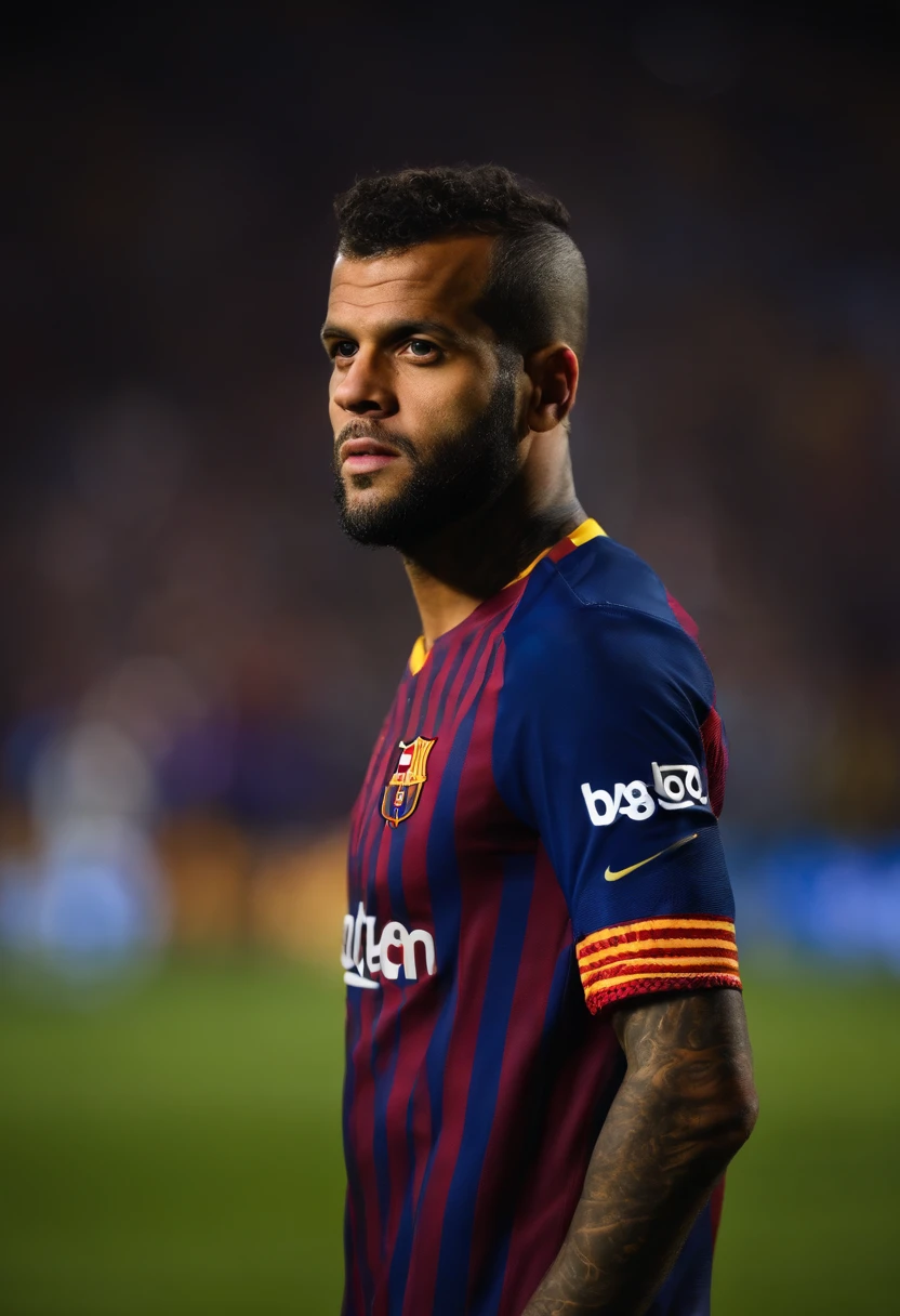 An average photo of Daniel Alves in a Barcelona shirt, looking-into-camera, Realistic details, foto tirada com uma Nikon D850, perfeitamente iluminado, uma profundidade de campo rasa