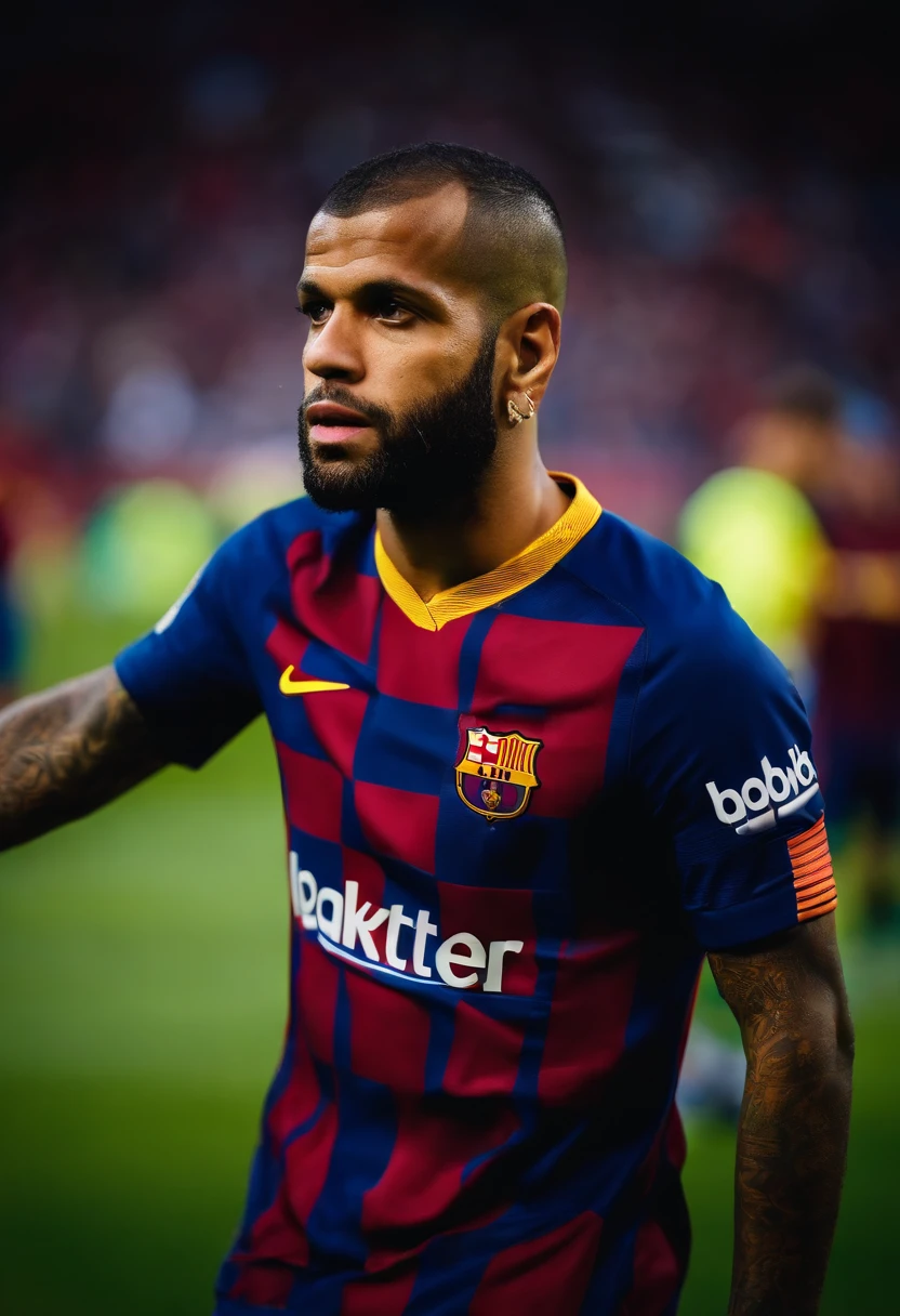 An average photo of Daniel Alves in a Barcelona shirt, looking-into-camera, Realistic details, foto tirada com uma Nikon D850, perfeitamente iluminado, uma profundidade de campo rasa