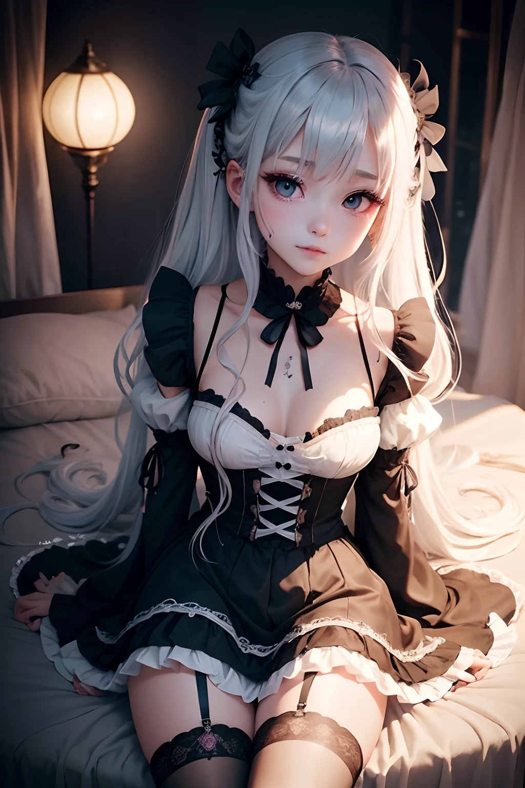detailed face, cute face, ((masterpiece)), (Highest quality))), (Character design sheet, National costume, same characters, front, ~ side, return), figure, 1 girl, whole body, Silver Hair, eyes hair, Beautiful Eyes, Princess Cut, Environmental change scene, Short skirt, Shyness, woman, girl, Are standing, Gothic ta, VTuber, Chartern Betarola, (simple returnground, white returnground: 1.3) ( masterpiece:1.2), (Highest quality:1.3), (Hands on knees) , Leaning forward
