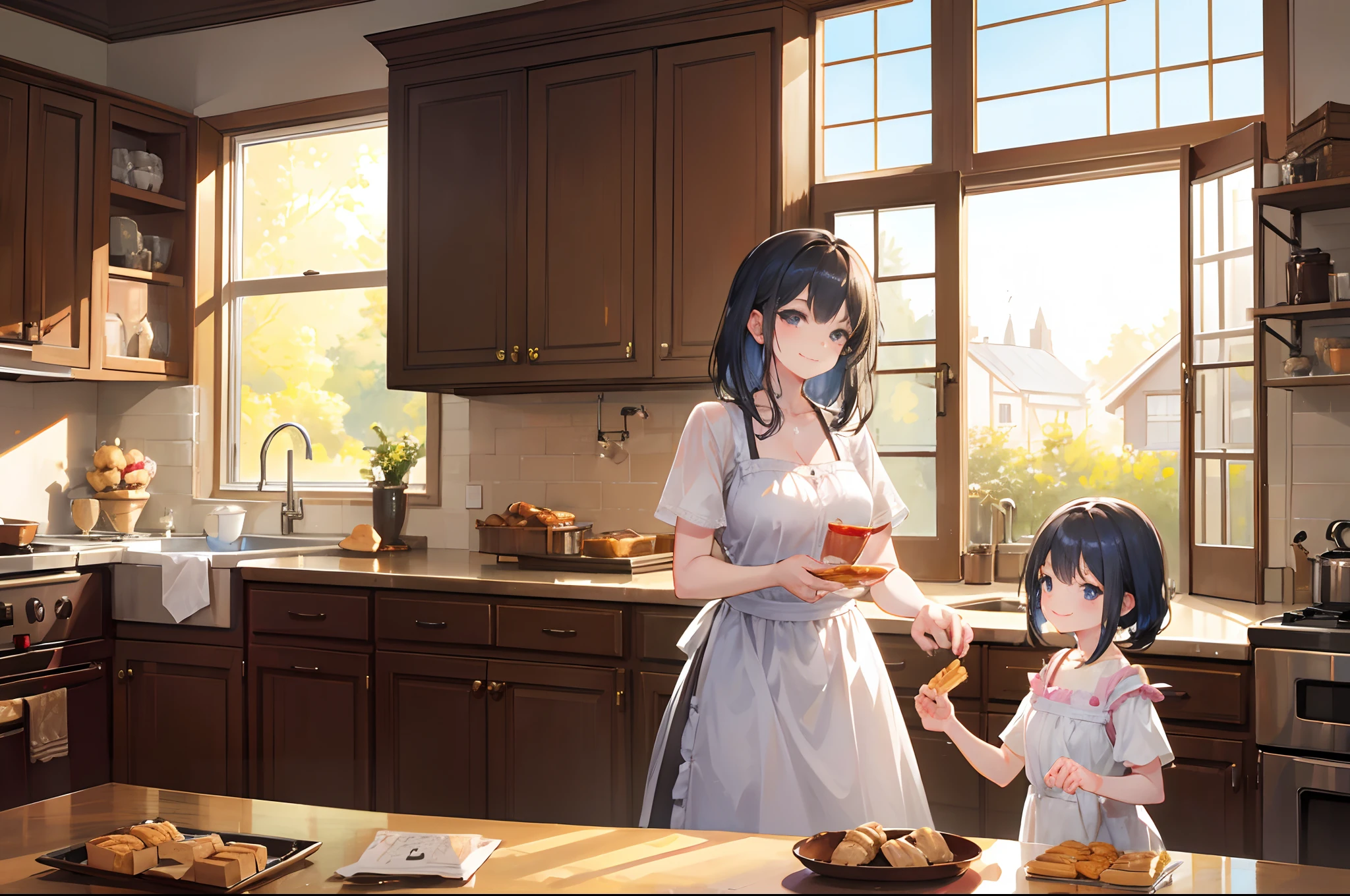 A smiling young girl and her mom, making pastries, home kitchen with big window, natural light, highly detailed.