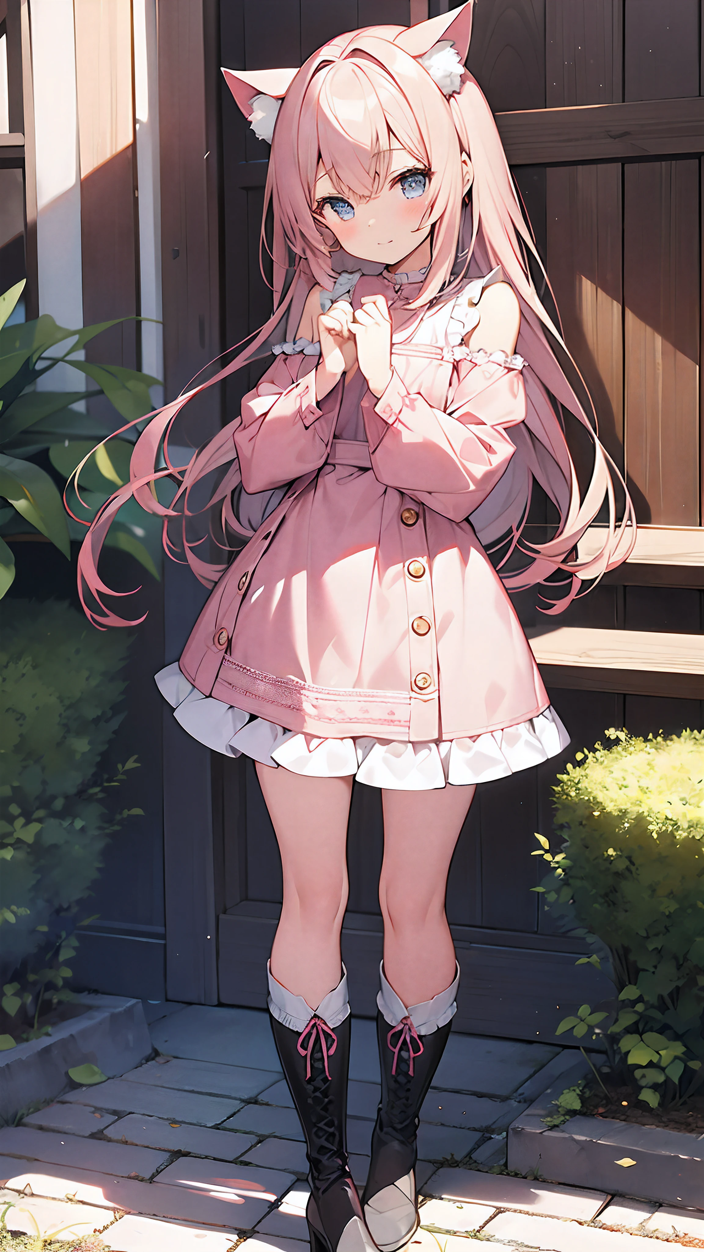 Cute girl with cat ears、Japan anime style、Moe、（full body2.0）、（1 person only 2.1）、（No background 1.8）、Authentic and highly detailed body、小柄、girl with、childish、10yaers old、length hair、bangss、A pink-haired、Authentic and highly detailed face、beautiful eyes that are authentic and highly detailed,、 Authentic and very delicate arms and hands、Authentic and highly detailed human hands（5 fingers）、The most beautiful girl in the world、Delicate and beautiful pink cat eyes、Authentic skin texture、Plain clothe、lolita、a miniskirt、（Authentic and highly detailed kneehigh pink socks 2.7）、（Authentic and highly detailed long boots 1.5）