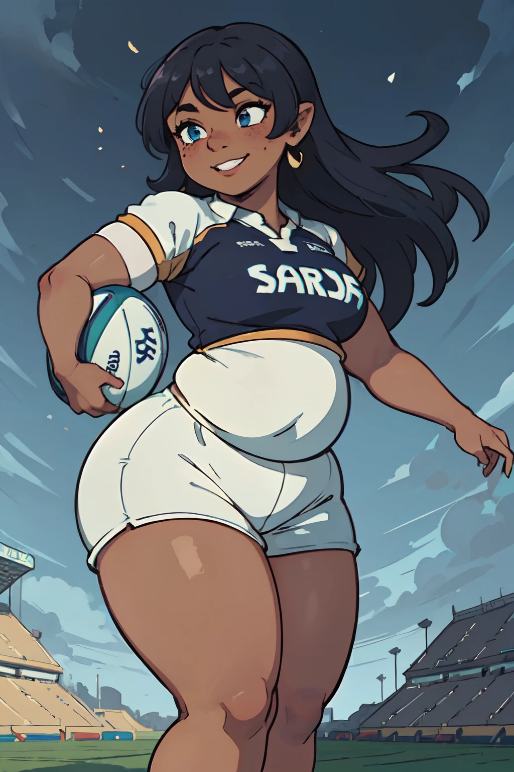 (1girl: 1.9), ((solo)), (dark skinned:1.8), goblin_girl, azure_blue_hair, very long hair, wide body, (small stature:1.6), (huge breast: 1.8), hair between eyes, wide hips, blue eyes, wide legs, mole, mole on chest, age up, lips, big lips, big noise, thick eyebrows, (chubby:1.7), freckles, smile, (rugby player: 1.5), (blue rugby uniform: 1.6), football field