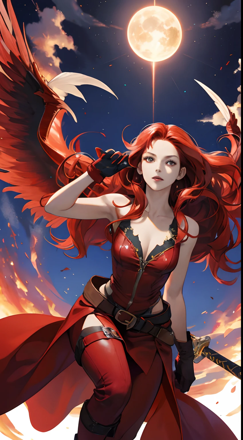 Beautuful Women,a cool,20th generation female,long red wavy hair,Red leather,body suit,gloves,heel,Mystical decoration,a belt,breastsout,Chest,realistic illustration,loimu,Big Flaming Wings,loimu,wingspan,angelicales,Cover the sky,multiple wings,Fantastic decoration,Expressed throughout the body,look up sky,Reach for the sky,It's like flying in the sky,(Effect Effects),art by,Fantasia,Holding a red sword,Beautuful Women,