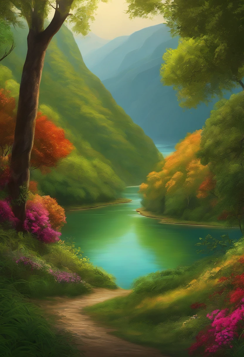 pintura de um rio que atravessa um vale verde exuberante com montanhas ao fundo, colinas fluidas, 8k resolution digital painting, 8k resolution digital painting, Pintura digital 4K, Pintura digital 4k, pintura digital detalhada, baixo detalhamento. pintura digital, Pintura Digital de Alto Detalhe, peaceful landscape, rio, trees and hills, pintura detalhada 4K, pintura digital 4k