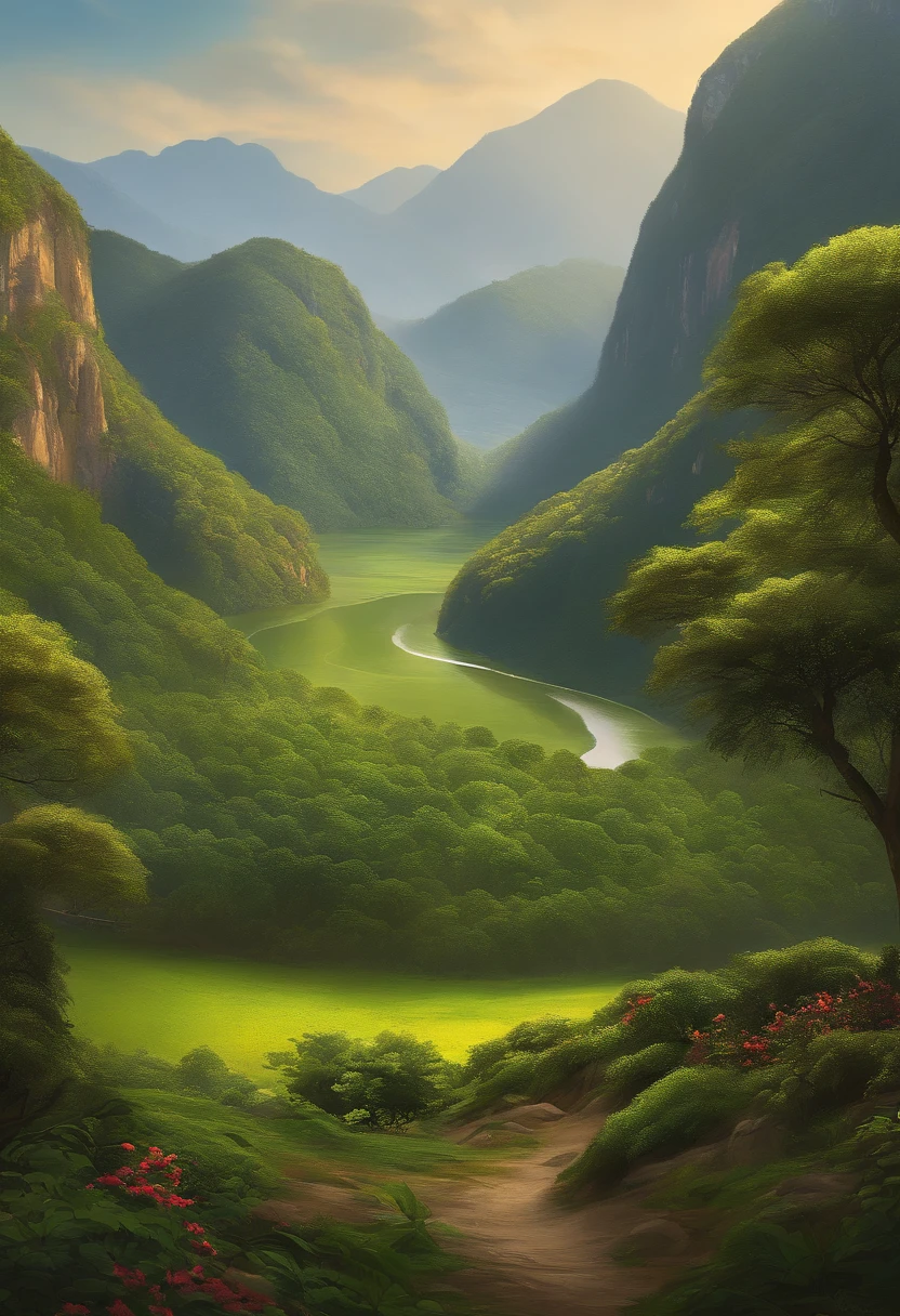 pintura de um rio que atravessa um vale verde exuberante com montanhas ao fundo, colinas fluidas, 8k resolution digital painting, 8k resolution digital painting, Pintura digital 4K, Pintura digital 4k, pintura digital detalhada, baixo detalhamento. pintura digital, Pintura Digital de Alto Detalhe, peaceful landscape, rio, trees and hills, pintura detalhada 4K, pintura digital 4k