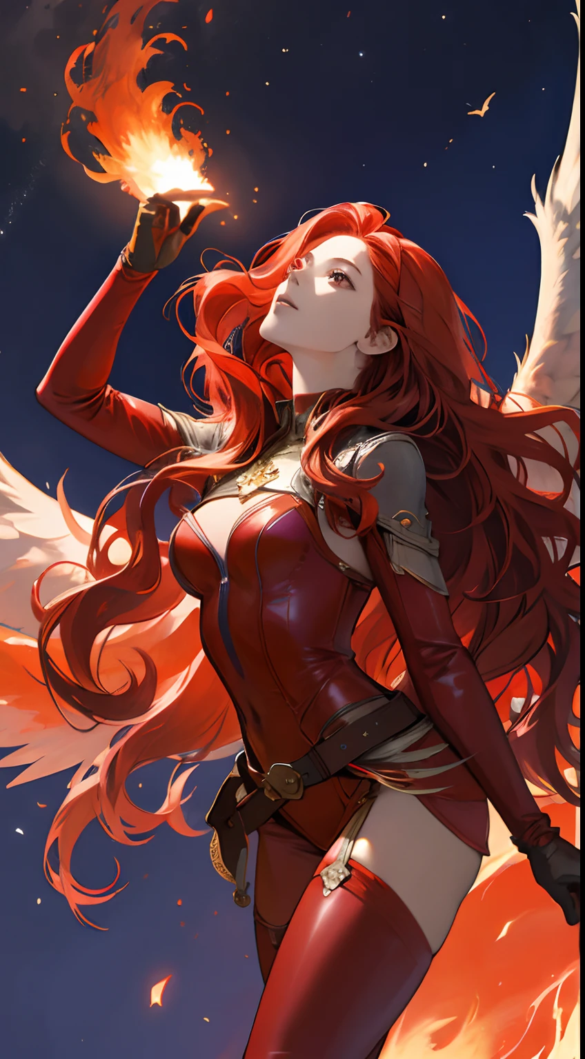 Beautuful Women,a cool,20th generation female,long red wavy hair,Red leather,body suit,gloves,heel,Mystical decoration,a belt,breastsout,Chest,realistic illustration,loimu,Big Flaming Wings,loimu,wingspan,angelicales,Cover the sky,multiple wings,Fantastic decoration,Expressed throughout the body,look up sky,Reach for the sky,It's like flying in the sky,(Effect Effects),art by,Fantasia,maior,The sword,rot,Beautiful woman with a sword,