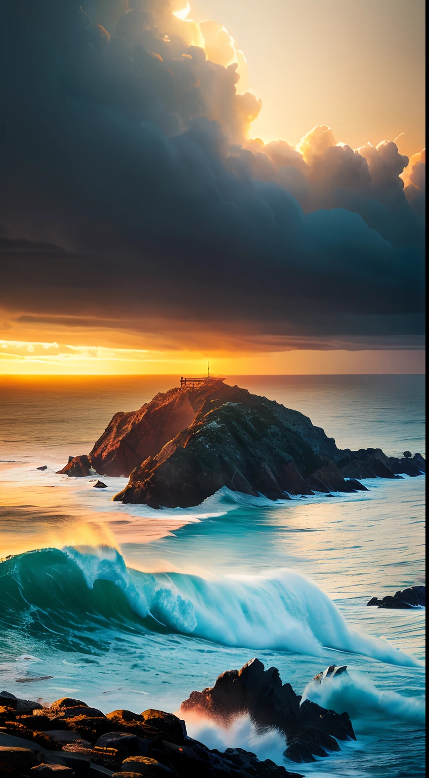 photograph,Strait of Gibraltar,Rif Mountains,Tarig Binzaya's forces crossing,Spain,Mediterranean Sea,warship escort,imposing cliffs,rocky coastline,dramatic waves,stormy weather,sunset silhouette,distant lighthouse,ocean horizon,foreboding atmosphere,powerful tidal currents,menacing clouds,fierce determination,heroic struggle,historical moment,magnificent panorama,vivid colors,highres,realistic,concept artists,soft warm tones,intricate detailing,moody lighting,historical realism,heroic battle,transcendent beauty,awe-inspiring scene,vibrant energy,dramatic storytelling,emotional intensity,expressive brushstrokes,grandeur,action-packed,legendary dreamlike quality.
