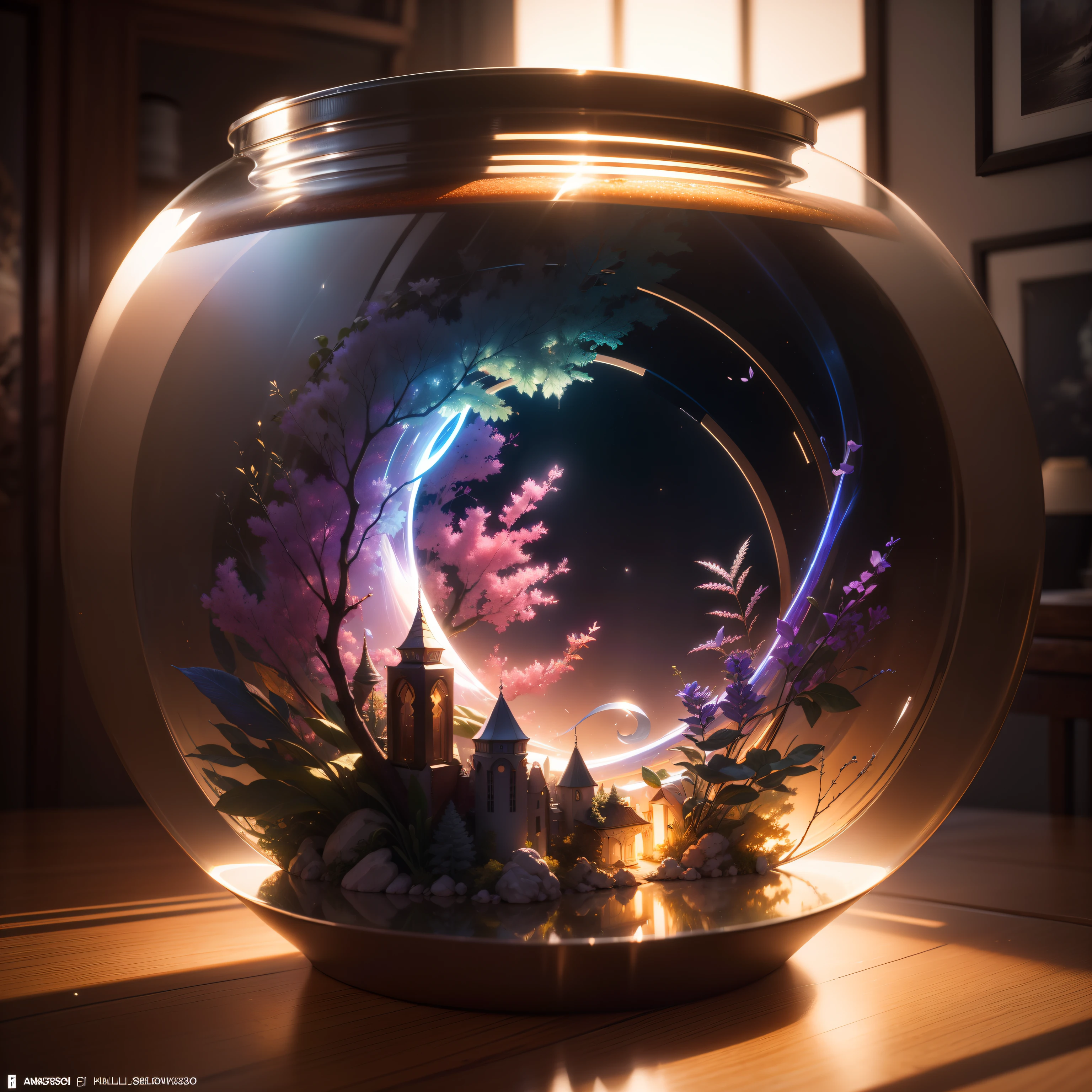 Dreamy art of glass、inside jar、Mysterious world、Spiral rainbow、fluffly、realisitic、a picture、In the sky、landscapes、Three-sided mirror、dream-like、art by、Colorful leaves and branches、Petals flounder、 Ultra-detailed photorealism by Greg Rutkowski - H 1024 W 804 | f1 6 lens mark 2:2S 3555mm Film Grain:1 Lifelike high resolution Sharp focus contrast!!Complex and detailed atmospheric light refraction lighting Unreal Engine 5 Cinematic Concept Photo Masterpiece Octane Render Rendered as a trend in CGSighbour