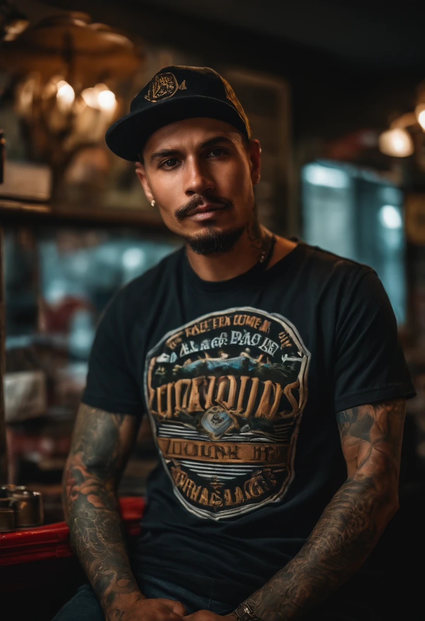 An average photo of a man in a cap and in a tattoo parlor in the background, looking-into-camera, Realistic details, foto tirada com uma Nikon D850, perfeitamente iluminado, uma profundidade de campo rasa