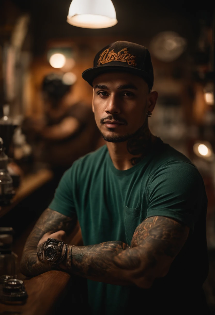 An average photo of a man in a cap and in a tattoo parlor in the background, looking-into-camera, Realistic details, foto tirada com uma Nikon D850, perfeitamente iluminado, uma profundidade de campo rasa