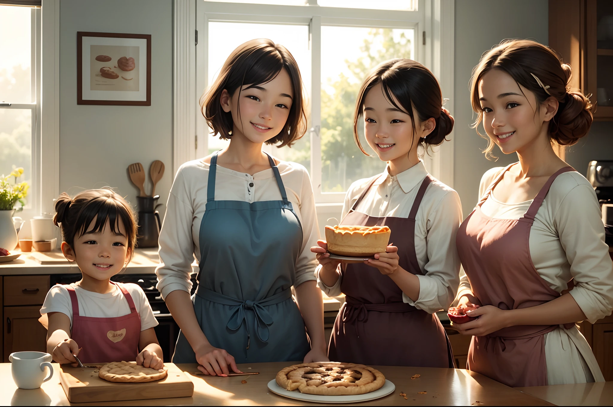 Smiling young and their mom, making pastries and pies, home kitchen with big window, natural light, highly detailed.