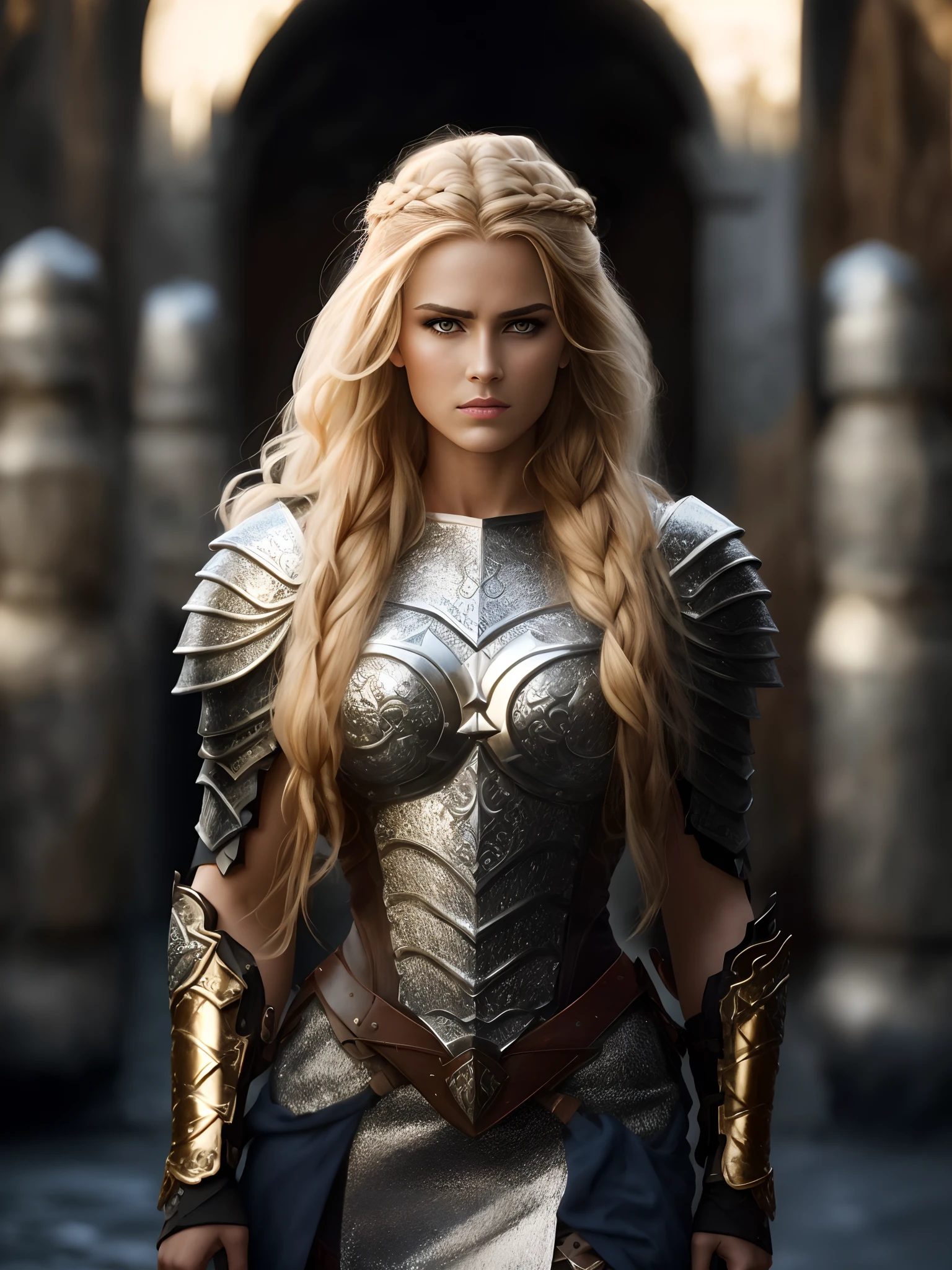 The Nordic woman is strong, destemido e imponente. Seu corpo escultural exibe ombros largos, muscular arms and an imposing stature. Seus cabelos loiros, como fios de rubis brilhantes, cai em ondas selvagens passando por seus ombros, an intricate braid standing out. Clad in imposing armor made of tough steel, Ela ostenta correntes reluzentes e botas de couro ornamentadas. In the extraordinary setting, Ela encara o desafio com olhos seguros e gelados, displaying a fierce and unwavering expression. longos cabelos ruivos.