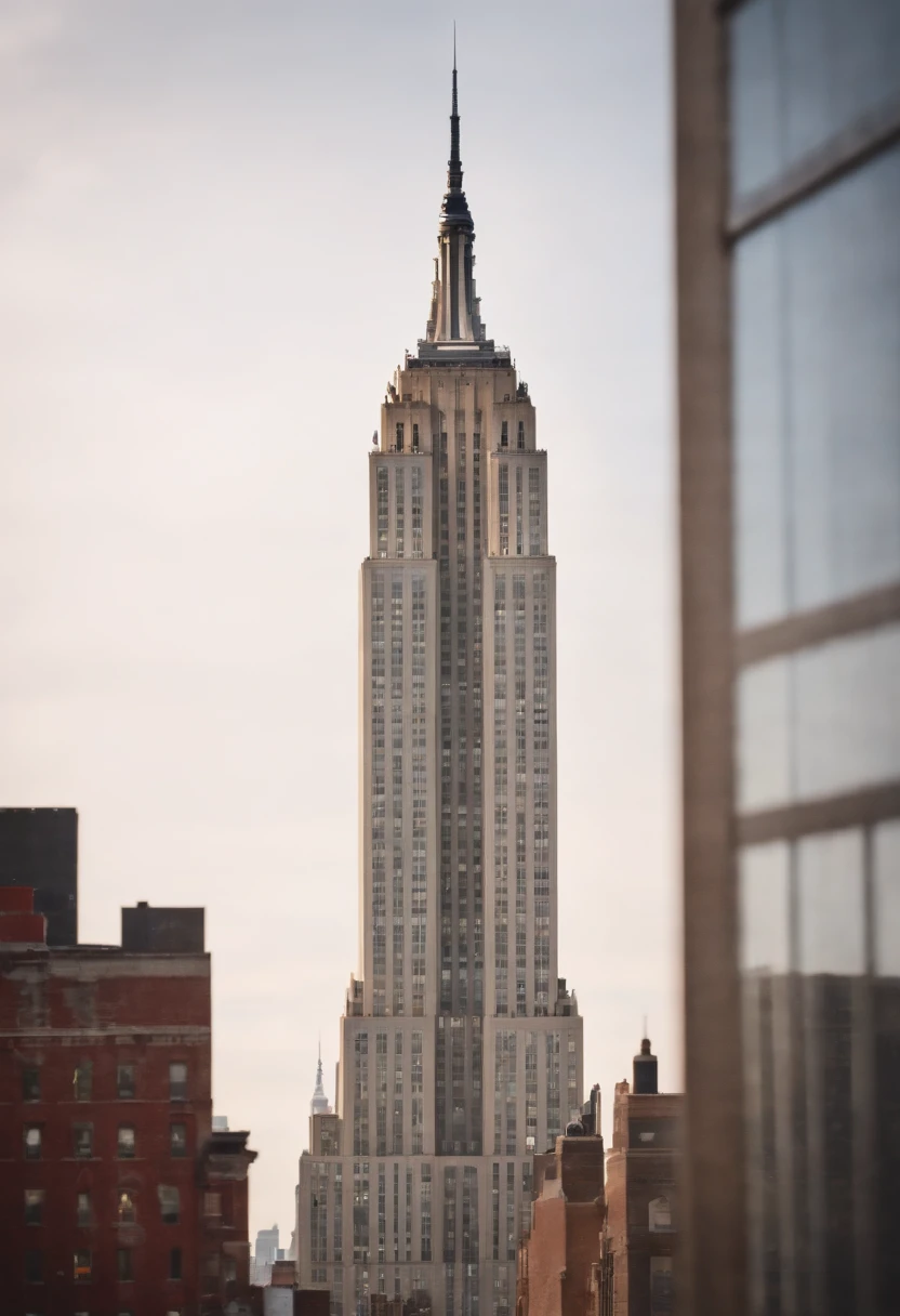 empire state building, view from sidewalk up, king kong climbing up it's side, and spaceship hovering over the building.