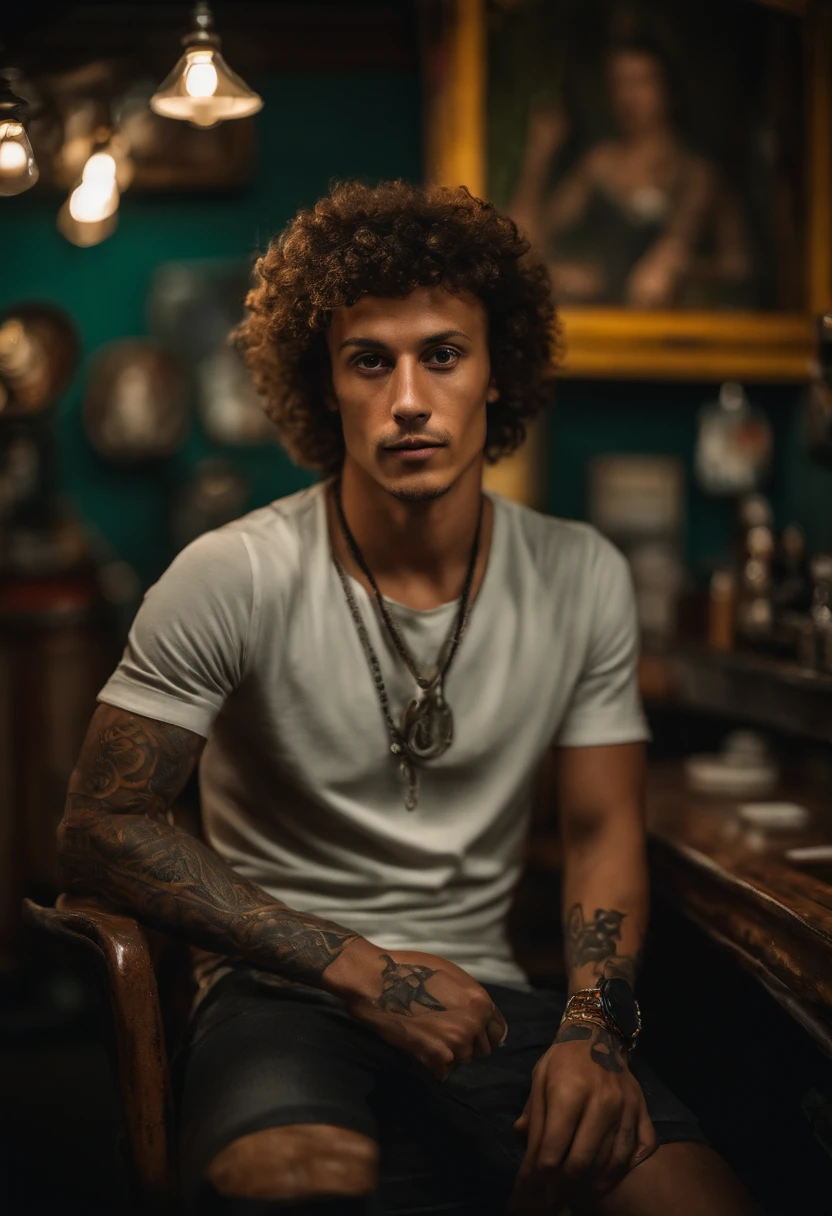 An average photo of David Luiz Porto Santos in a tattoo parlor in the background, looking-into-camera, Realistic details, foto tirada com uma Nikon D850, perfeitamente iluminado, uma profundidade de campo rasa