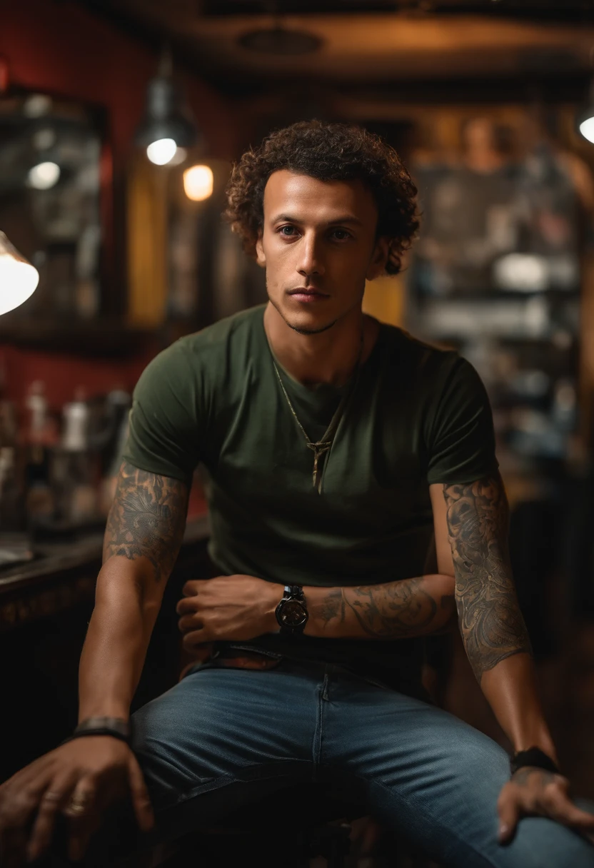An average photo of David Luiz Porto Santos in a tattoo parlor in the background, looking-into-camera, Realistic details, foto tirada com uma Nikon D850, perfeitamente iluminado, uma profundidade de campo rasa