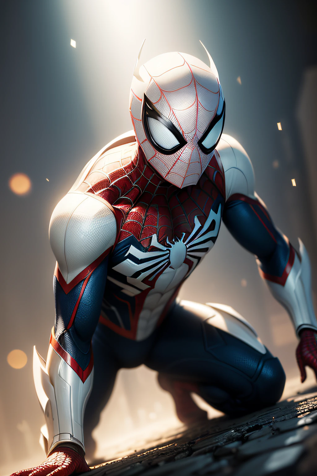 Spider-Man in white titanium armor, hdr, hyper HD, 6.40,000, highly  detailed, professional photoshooting：Sergio Nogueira, trending on artstationh, unreal-engine, Vivid colors, High-resolution scanning，cinmatic lighting + 35mm， photography of + bokeh + lens flare glow + filmgrain， aesthetics，natural soft light，Blender and Photoshop，The trend is at ArtStation， iolibt， vfx，concept-art，، simple，ultra - detailed，Detailed drawing，vectorised，contours，profesional lighting，hyper HD，（Photorealsitic:1.4），RAW photography,Perfect eyes，8k，32k，