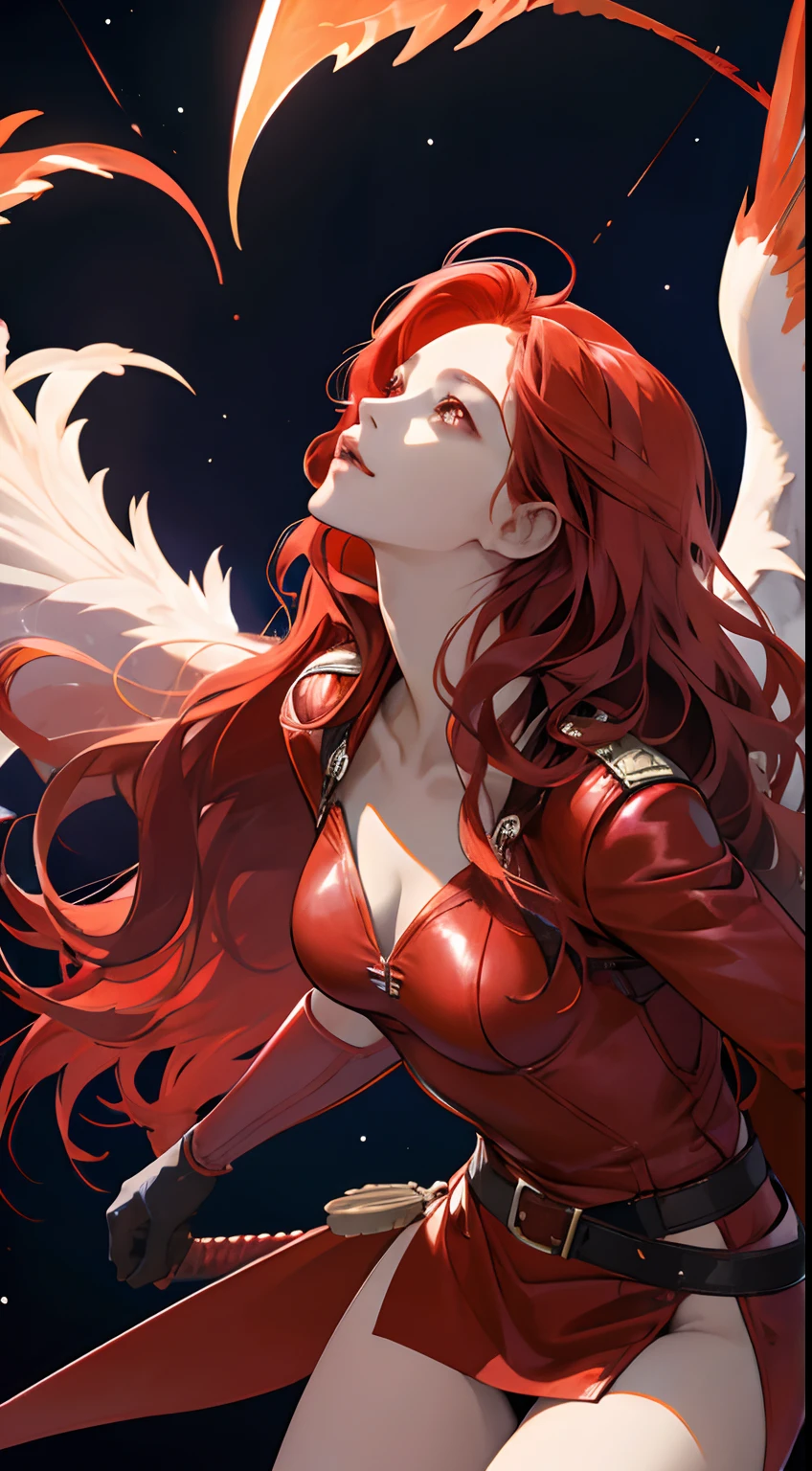 a cool,20th generation female,long red wavy hair,Red leather,body suit,gloves,Mystical decoration,a belt,breastsout,up chest,realistic illustration,loimu,Big Flaming Wings,multiple wings,angelicales,Cover the sky,Wings of Flame,Fantastic decoration,full bodyesbian,look up sky,Reach for the sky,It's like flying in the sky,Expressed throughout the body(Effect Effects),Fantasia,Big sword,Beyond your height,Hold your sword,The sword,Fiery Red Sword,Deities々Right,fight,Beautuful Women