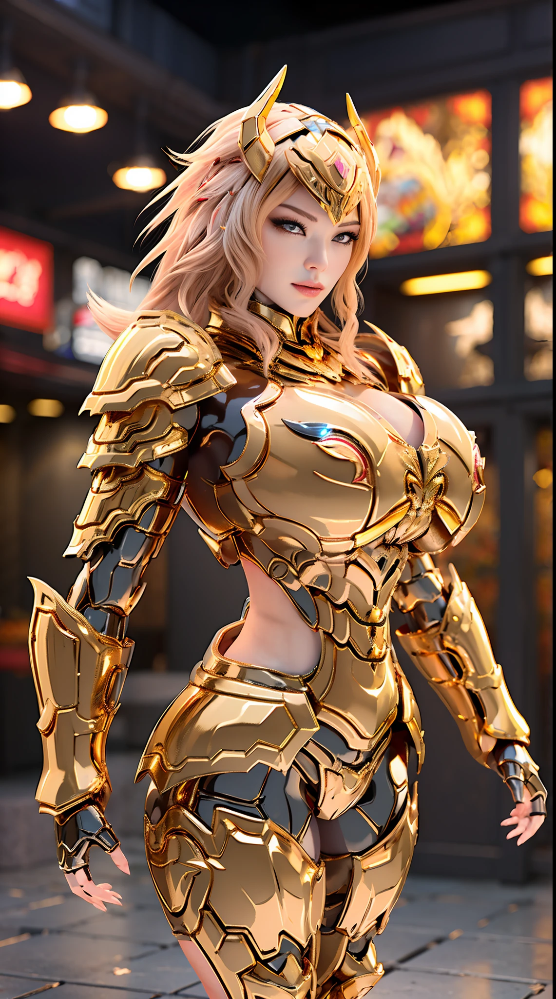GOLD DRAGON QUEEN, HUGE BOOBS, DRAGON HEAVY ARMOR, TRANSPARANT, STANDING, THICK BODY, MUSCLE ABS.