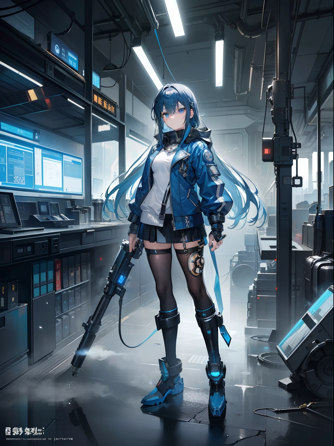 ​masterpiece, 8K ultra-high resolution, Top resolution, 8K accurate rendering, Beautiful and smooth depiction, Inverted triangle composition, Very cute woman in anime style, (hitomi, Beautifully drawn eyes:1.2), Wearing a steampunk-style jacket decorated with countless gears and watches, Blue straight hair, ((Intricately designed piping and gear, Sky blue leather jacket adorned with countless gears and chronometers, Full body, Vast steam, ), high sky, Galaxy Images, (Faint smile), Countless luminescence, (Countless factories, An industrial city built with countless gears and pipes, Bright city decorated with nixie lights, Steam overflow, Spatial expanse, Sunlight is covered with steam, Random structure), (radiant light, Splash Art Style), Beautiful rendering,