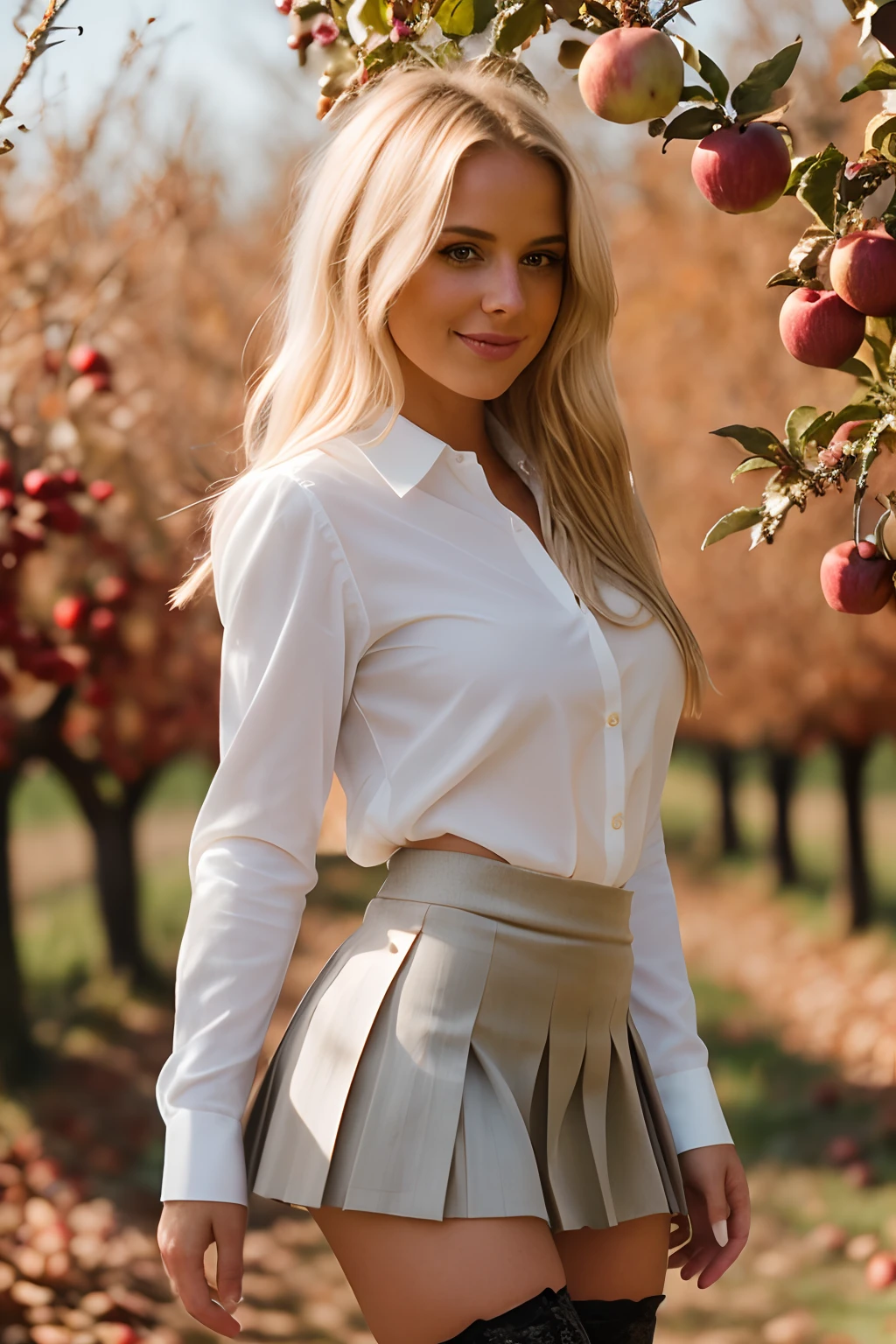 1girl, (hourglass body), blonde hair, messy long hair with seductive smile, (wearing thigh highs, a pleated mini skirt and a tight white buttoned up shirt), realistic, shallow depth of field, 8k uhd, dslr, high quality, photorealistic, realism, hyperrealism, art photography, (in a warm apple orchard in autumn), warm and sunny