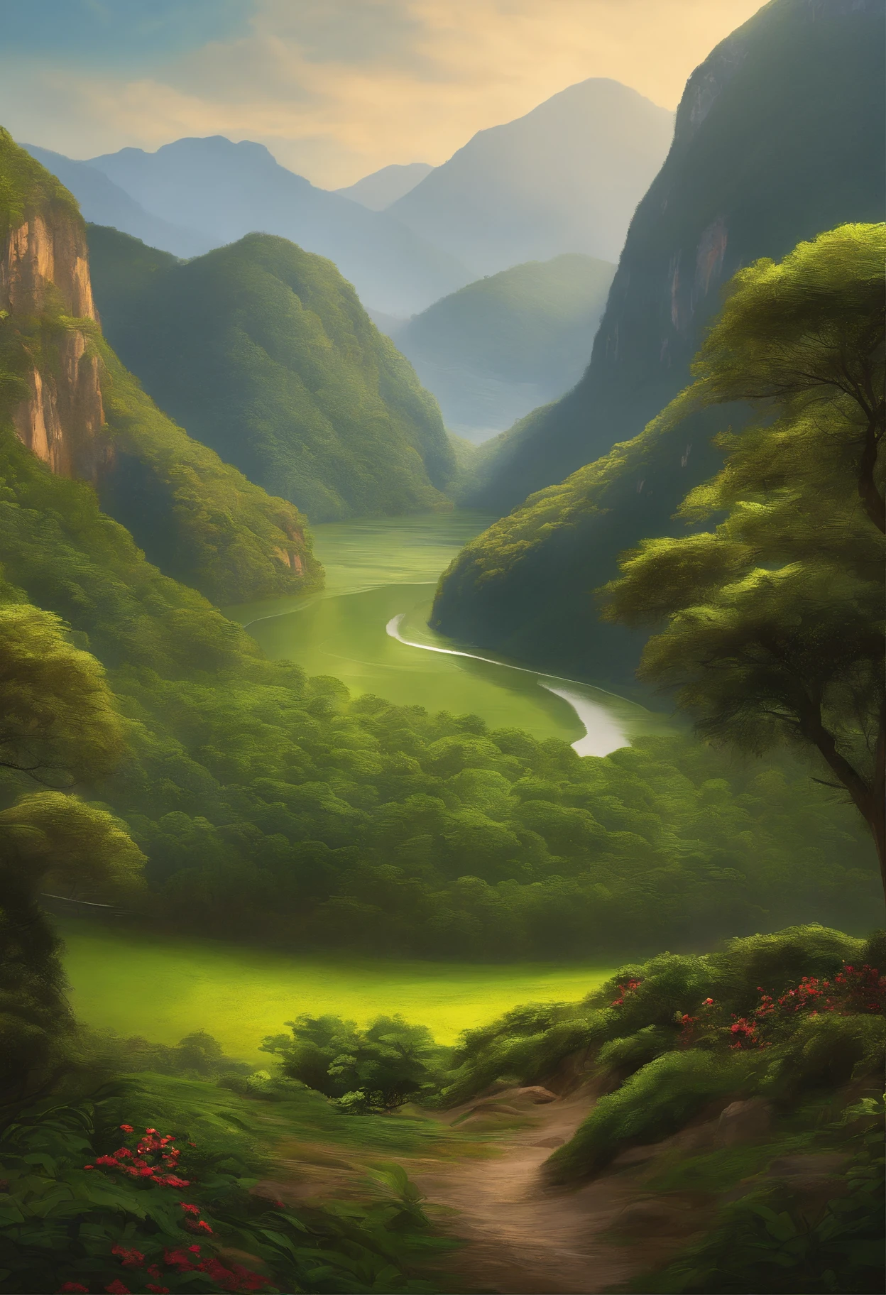 pintura de um rio que atravessa um vale verde exuberante com montanhas ao fundo, colinas fluidas, 8k resolution digital painting, 8k resolution digital painting, Pintura digital 4K, Pintura digital 4k, pintura digital detalhada, baixo detalhamento. pintura digital, Pintura Digital de Alto Detalhe, peaceful landscape, rio, trees and hills, pintura detalhada 4K, pintura digital 4k