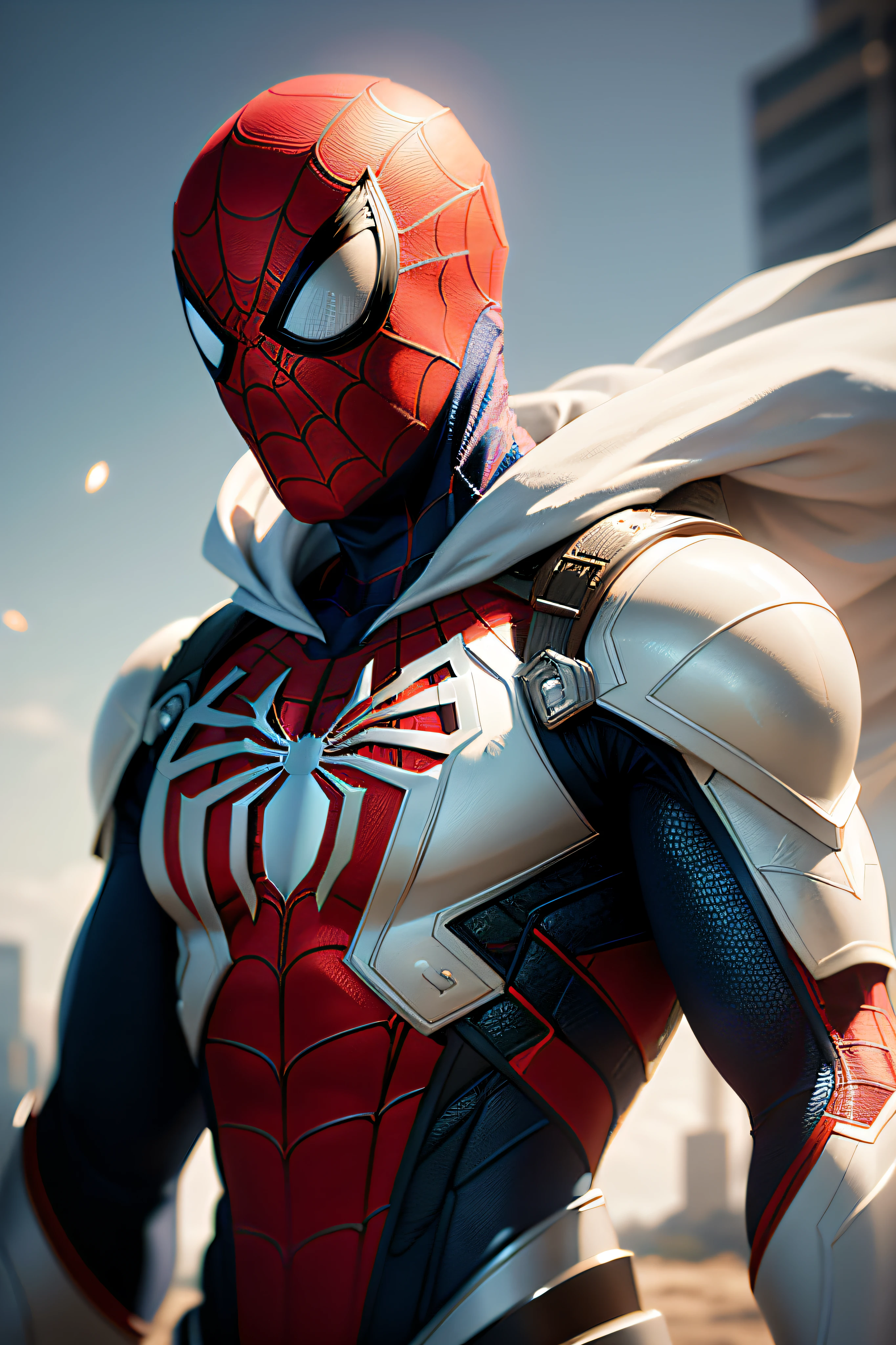 fist, guy spiderman wearing (white:1.5) costume, action pose