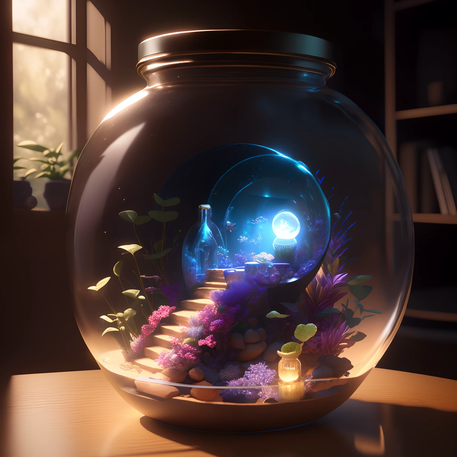 there is a glass jar with a light inside of it, dreamscape in a jar, surreal 3 d render, realistic fantasy render, daily render, graphic of enchanted terrarium, 3 d render beeple, stylized 3d render, surrealism 8k, 3d render digital art, 3 d artistic render, fantasy 3 d render, beautiful render of a fairytale