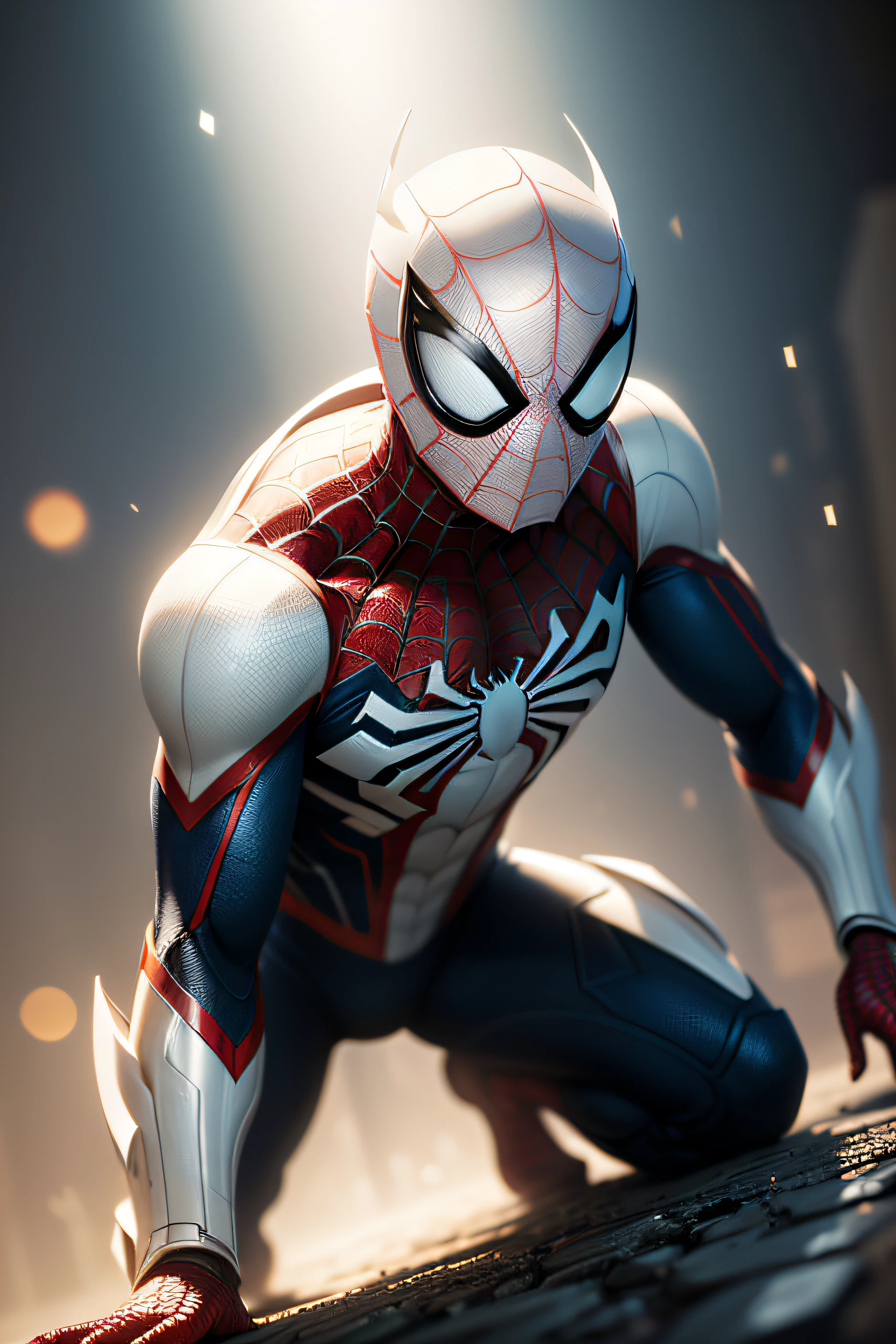 Spider-Man in white titanium armor, hdr, hyper HD, 6.40,000, highly  detailed, professional photoshooting：Sergio Nogueira, trending on artstationh, unreal-engine, Vivid colors, High-resolution scanning，cinmatic lighting + 35mm， photography of + bokeh + lens flare glow + filmgrain， aesthetics，natural soft light，Blender and Photoshop，The trend is at ArtStation， iolibt， vfx，concept-art，، simple，ultra - detailed，Detailed drawing，vectorised，contours，profesional lighting，hyper HD，（Photorealsitic:1.4），RAW photography,Perfect eyes，8k，32k，