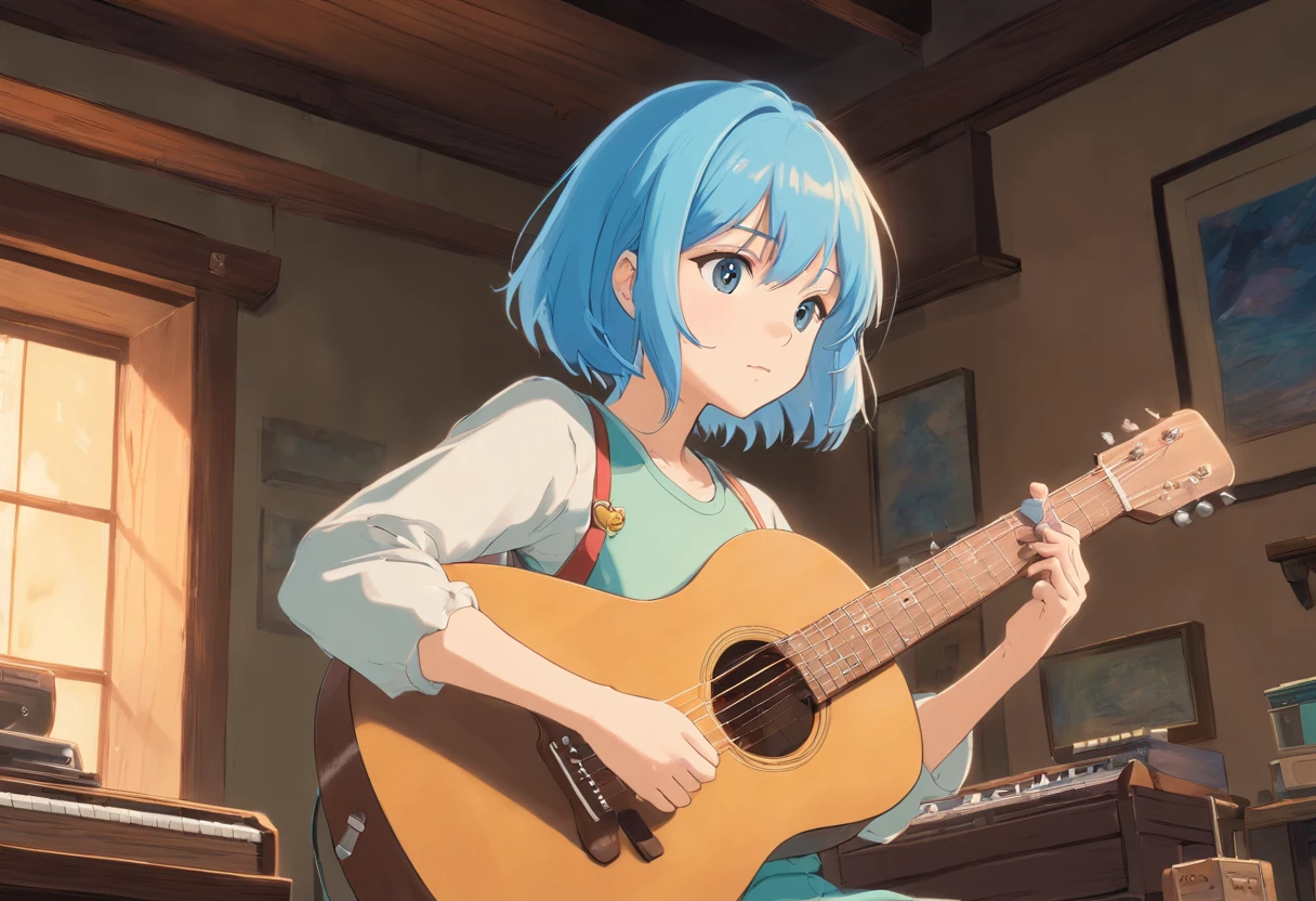 masutepiece, Best Quality, cinematic Film still from, 1 Adolescent women, Playing guitar, frontage, lightblue hair, short bob hairstyle, room interior,Background of details, Bright, Dark and eerie environment,A ray of light