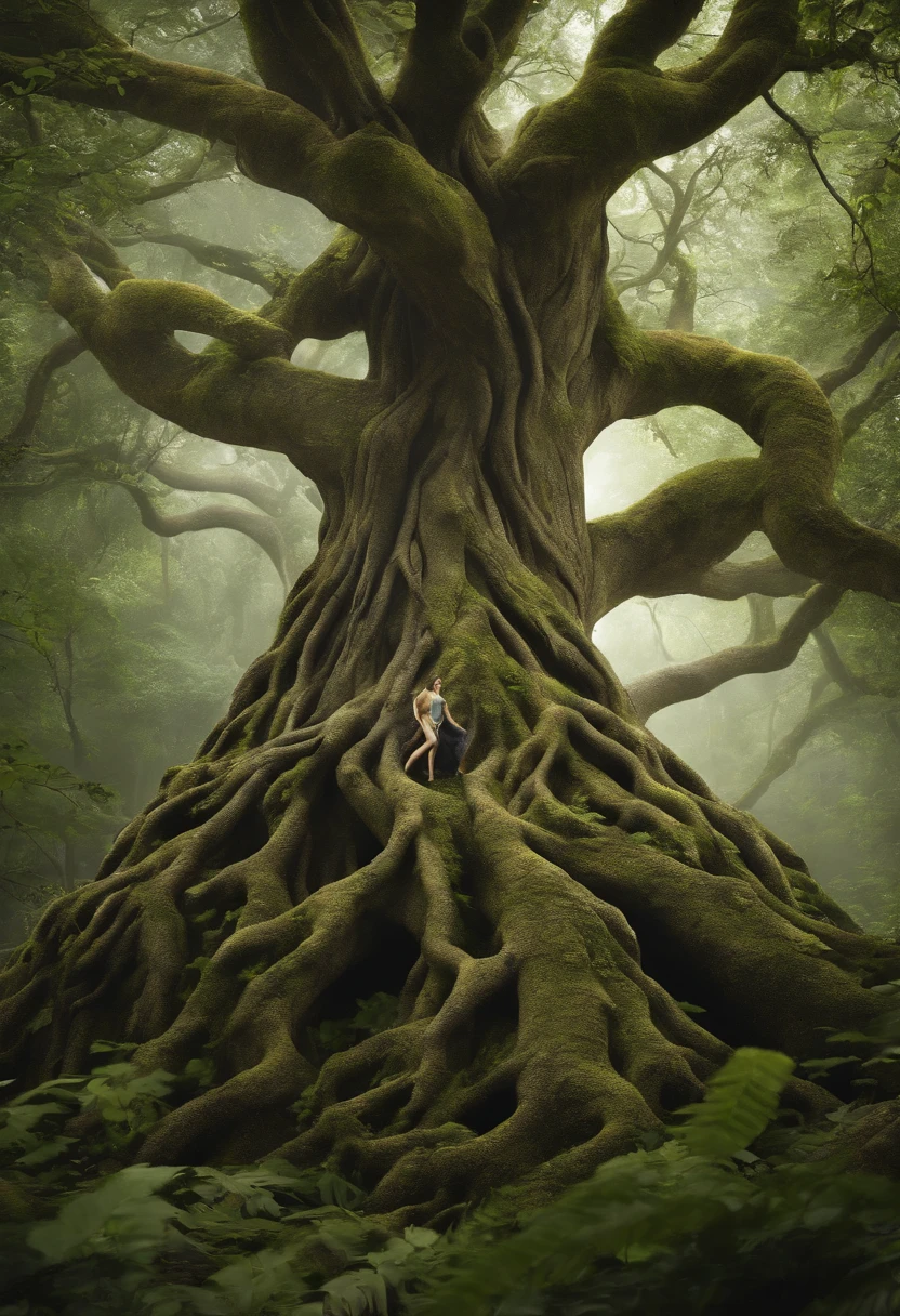 Arbomorph A hug of woman and man turns into a leafy tree, with roots as legs, branches like arms, some leaves fly on a white background,looking to viewers